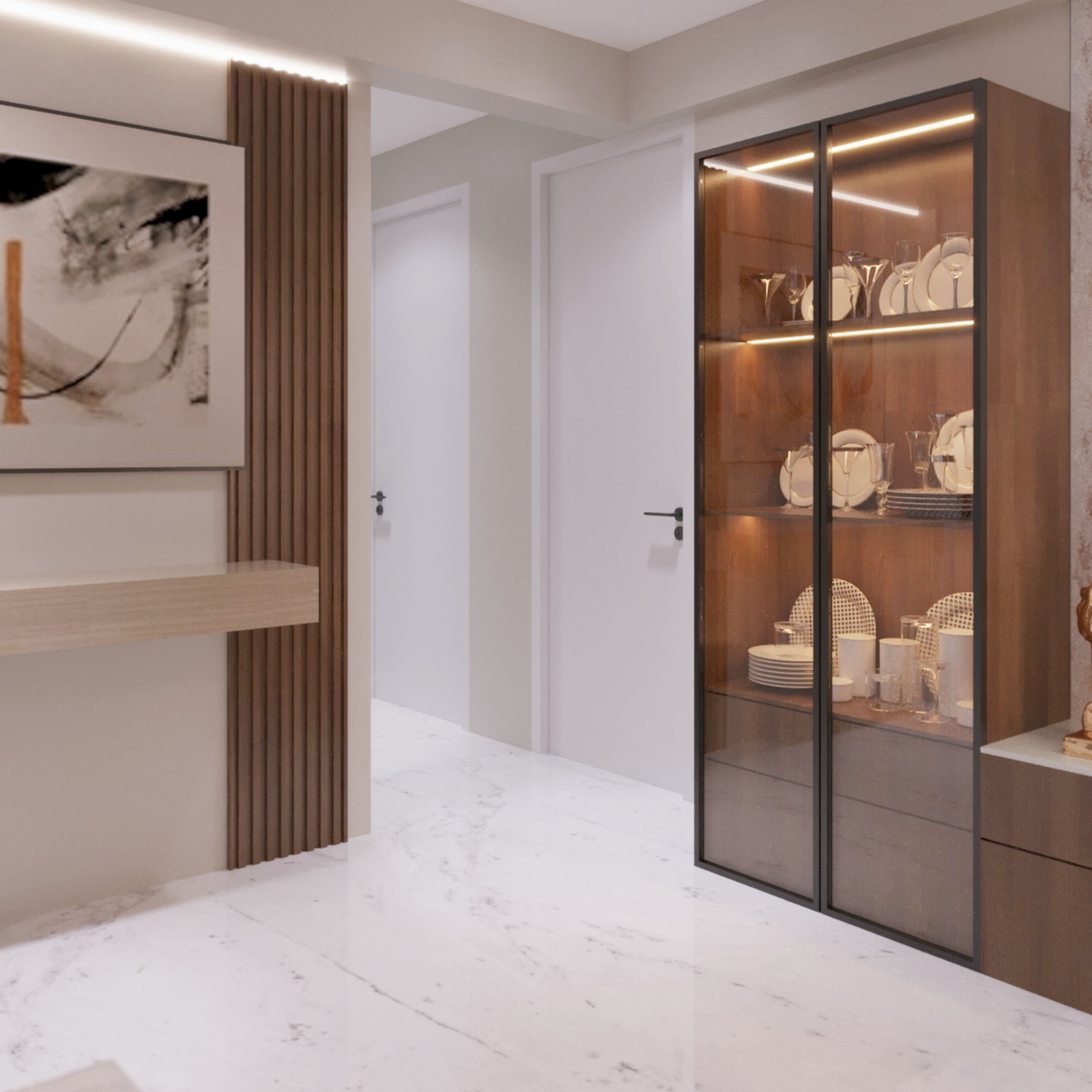 Bronze Walnut Contemporary Crockery Unit With Tall Storage and Drawers