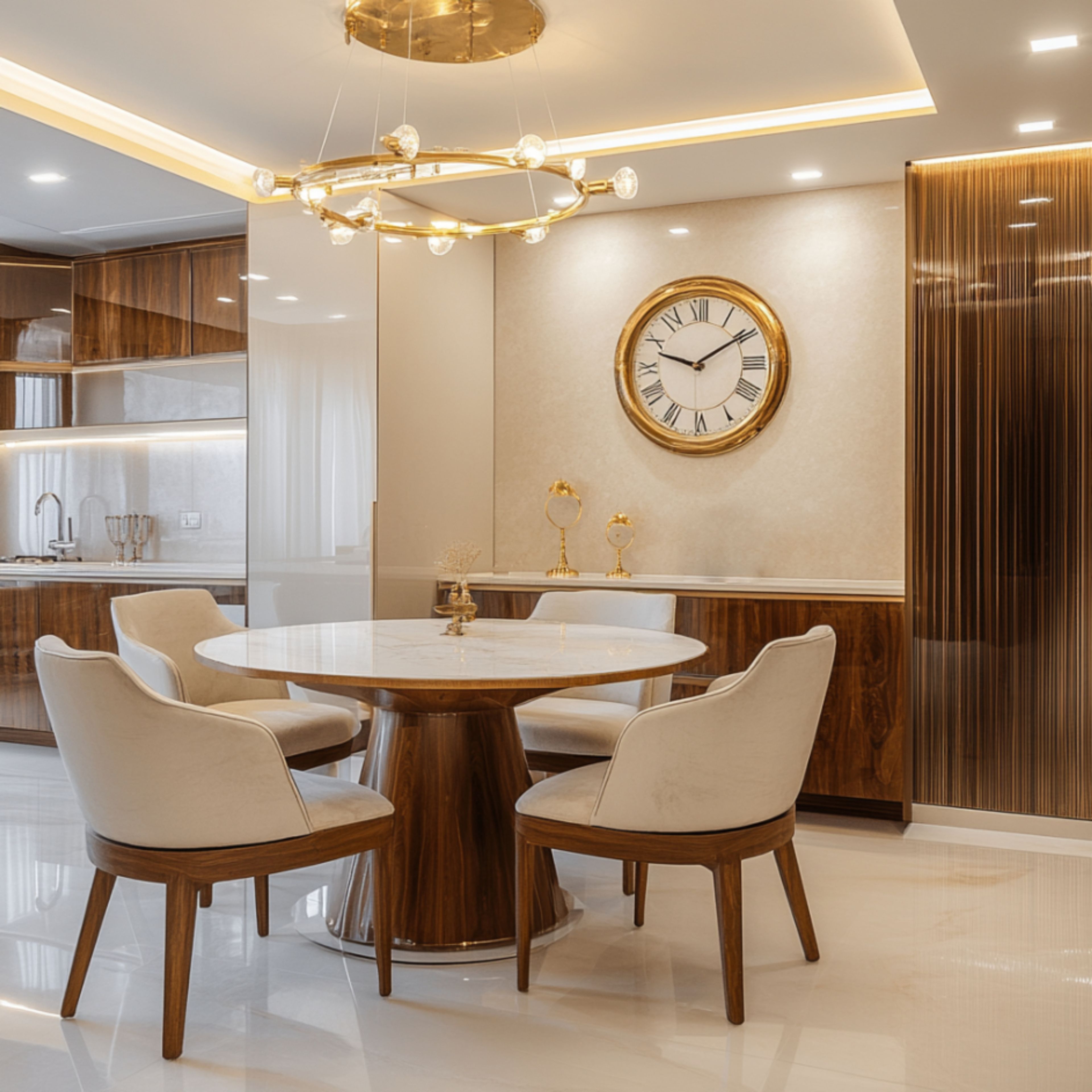 Dining Room Design With Wooden Table and Curved Chairs