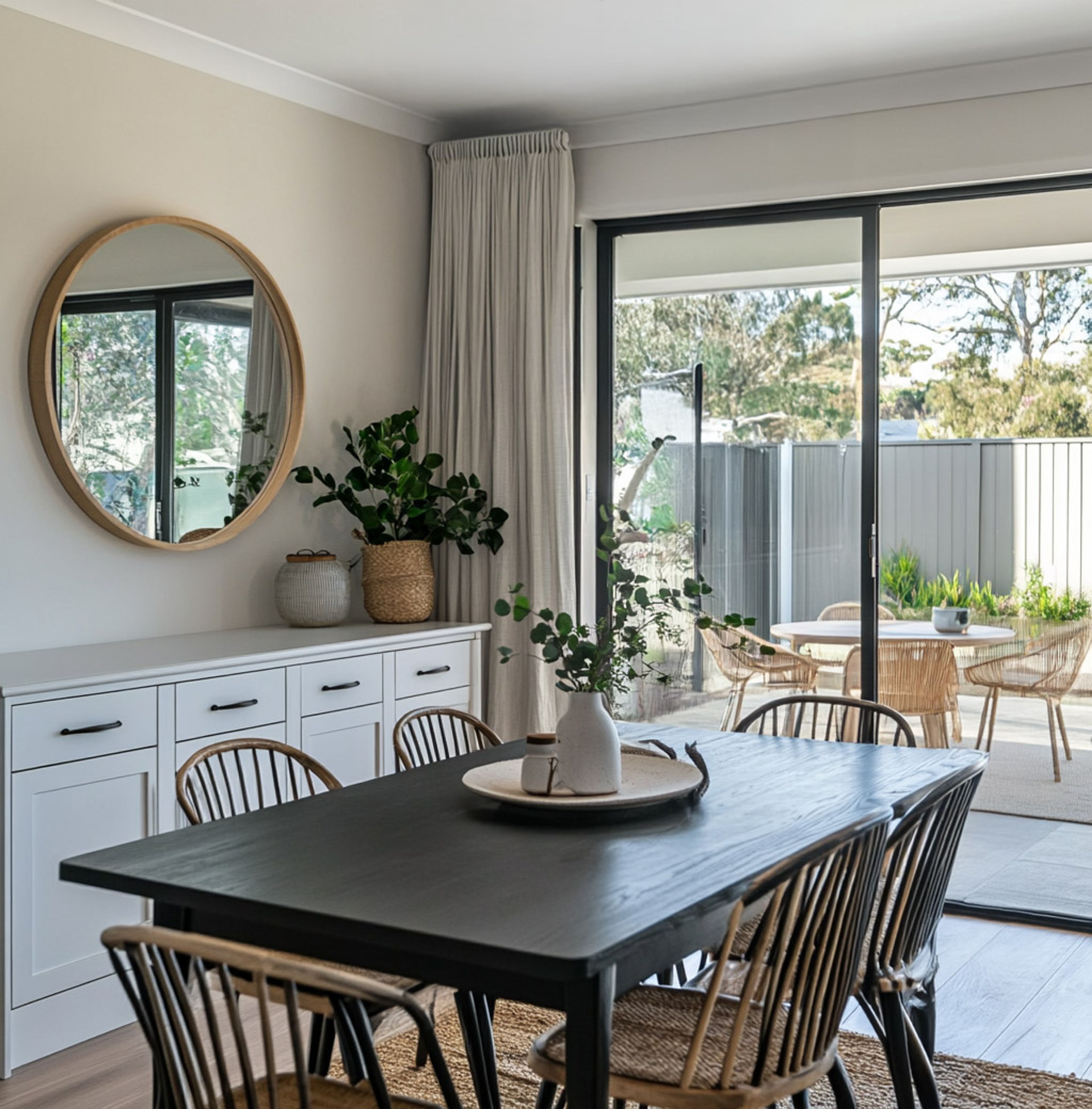 Dining Room Design with Woven Chairs and Black Table