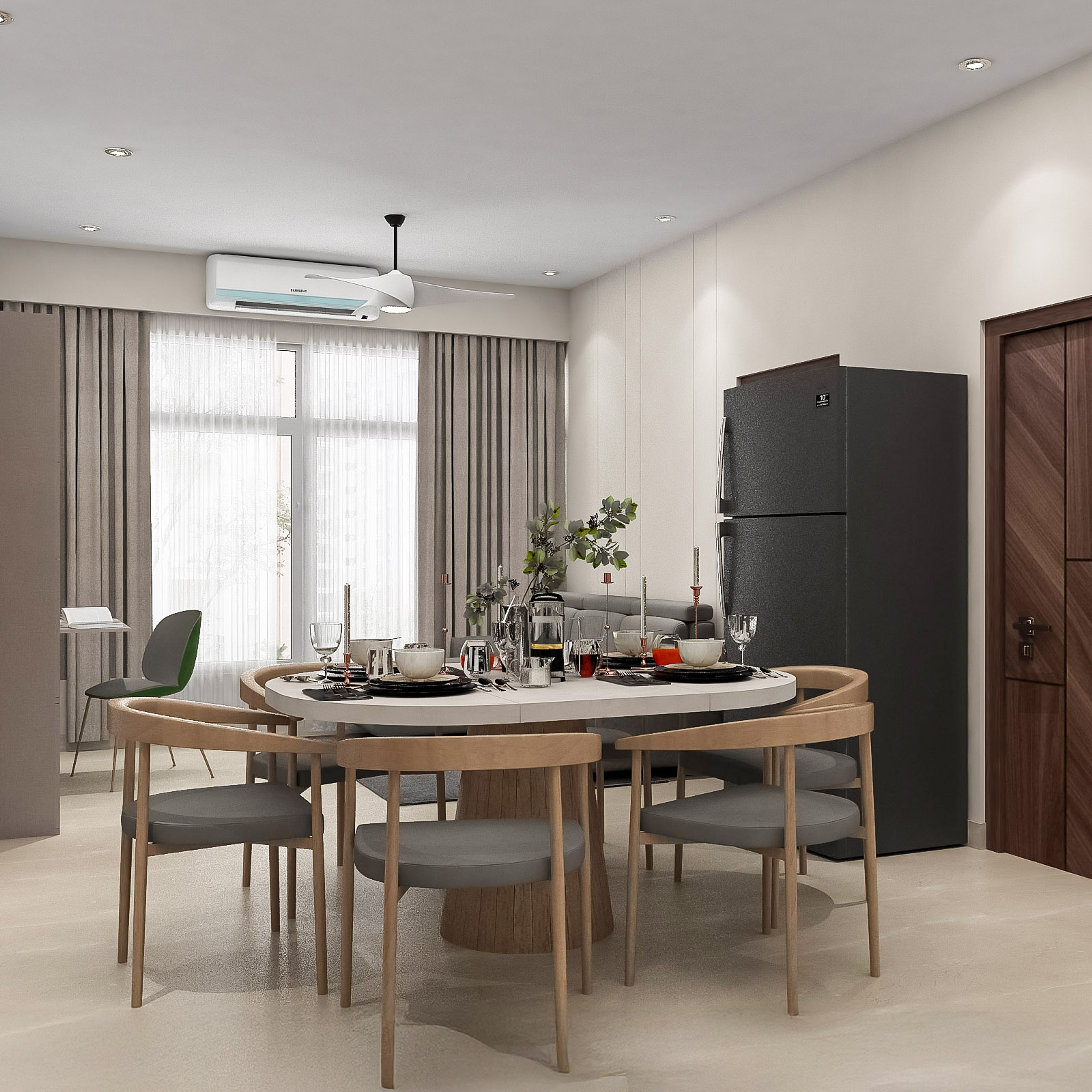 Dining Room Design With Oval Table and Grey Chairs