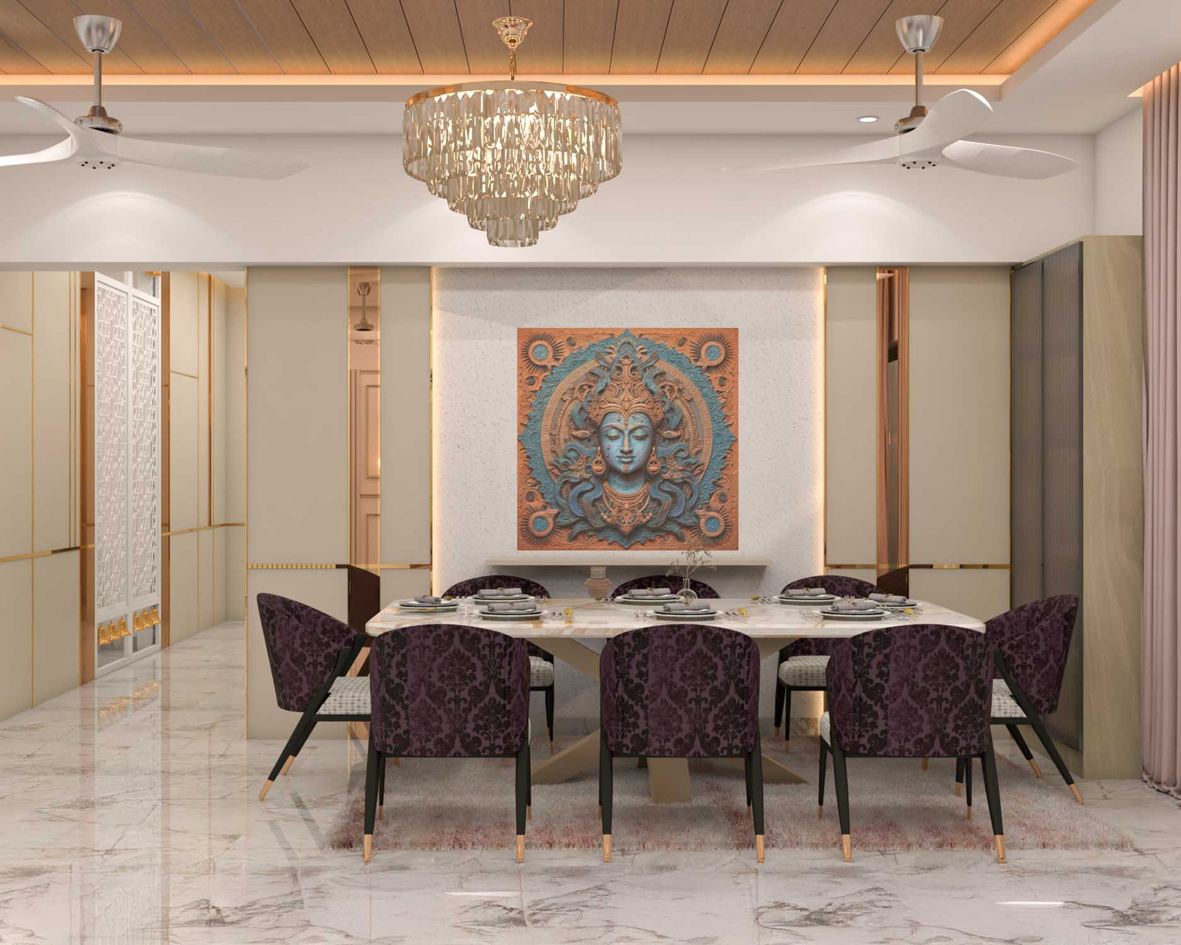 Dining Room Design with Plush Purple Chairs and Marble Table
