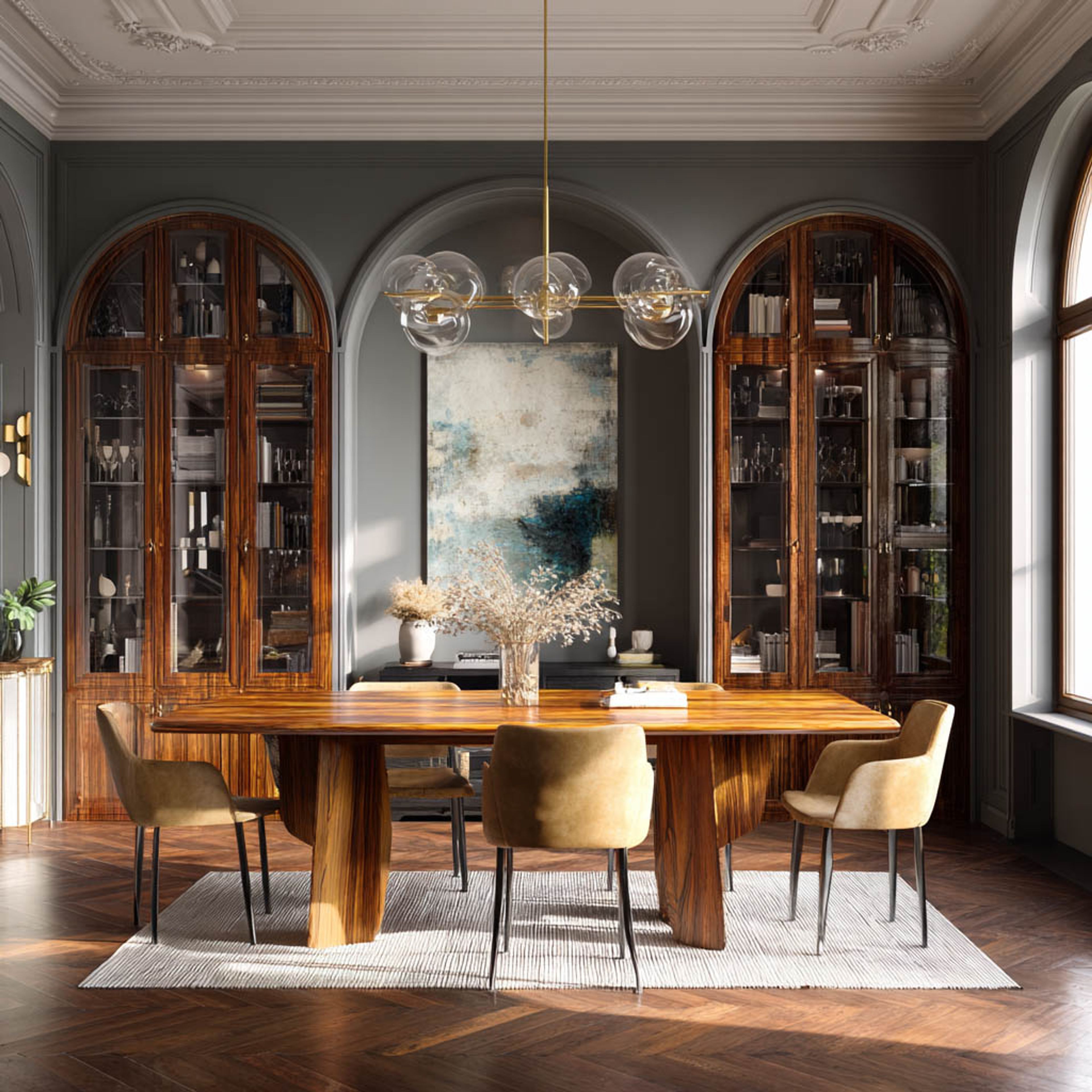 Dining Room Design with Solid Wood Table and Teal Chairs