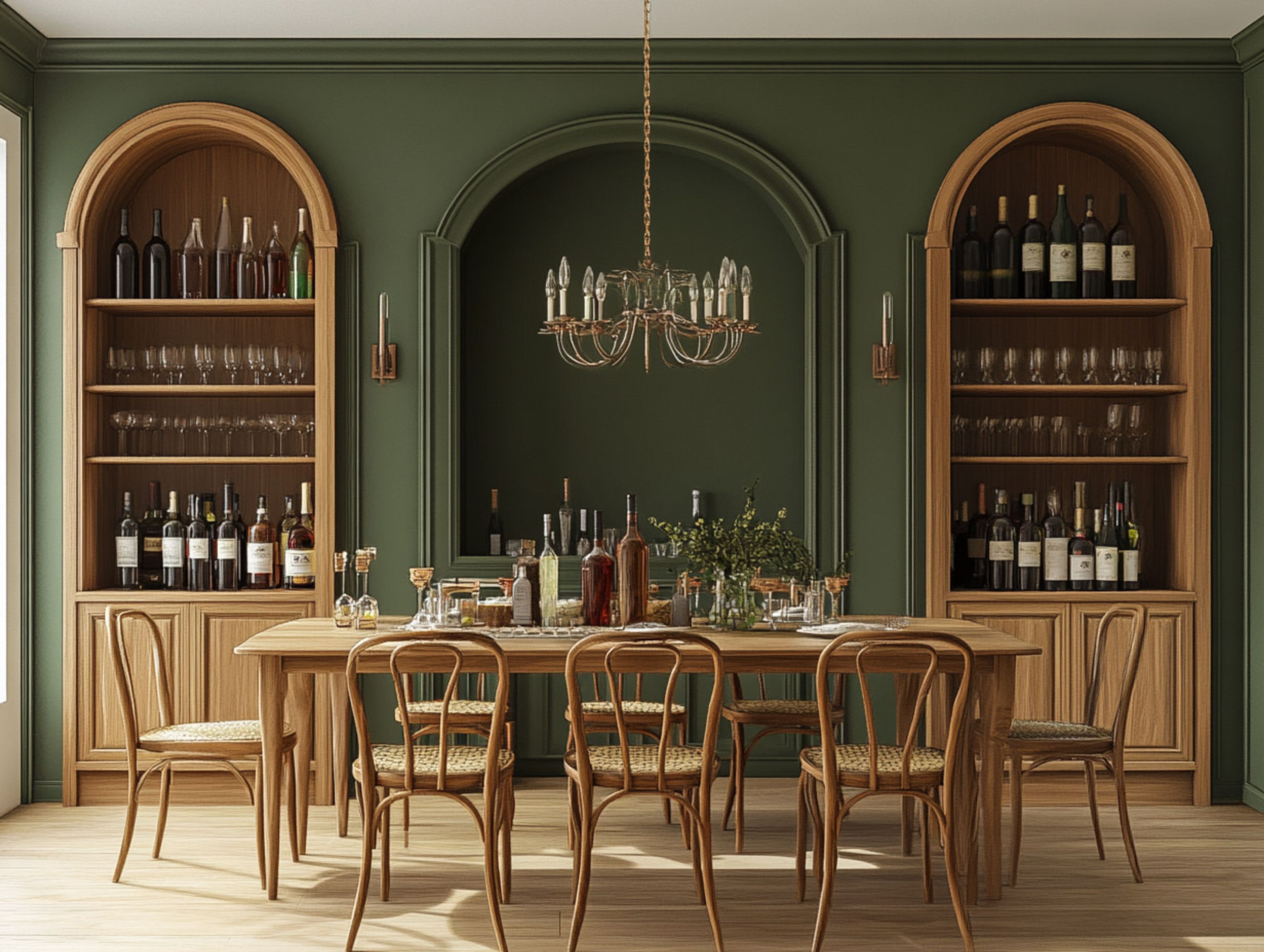 Dining Room Design with Wooden Table and Arched Cabinets