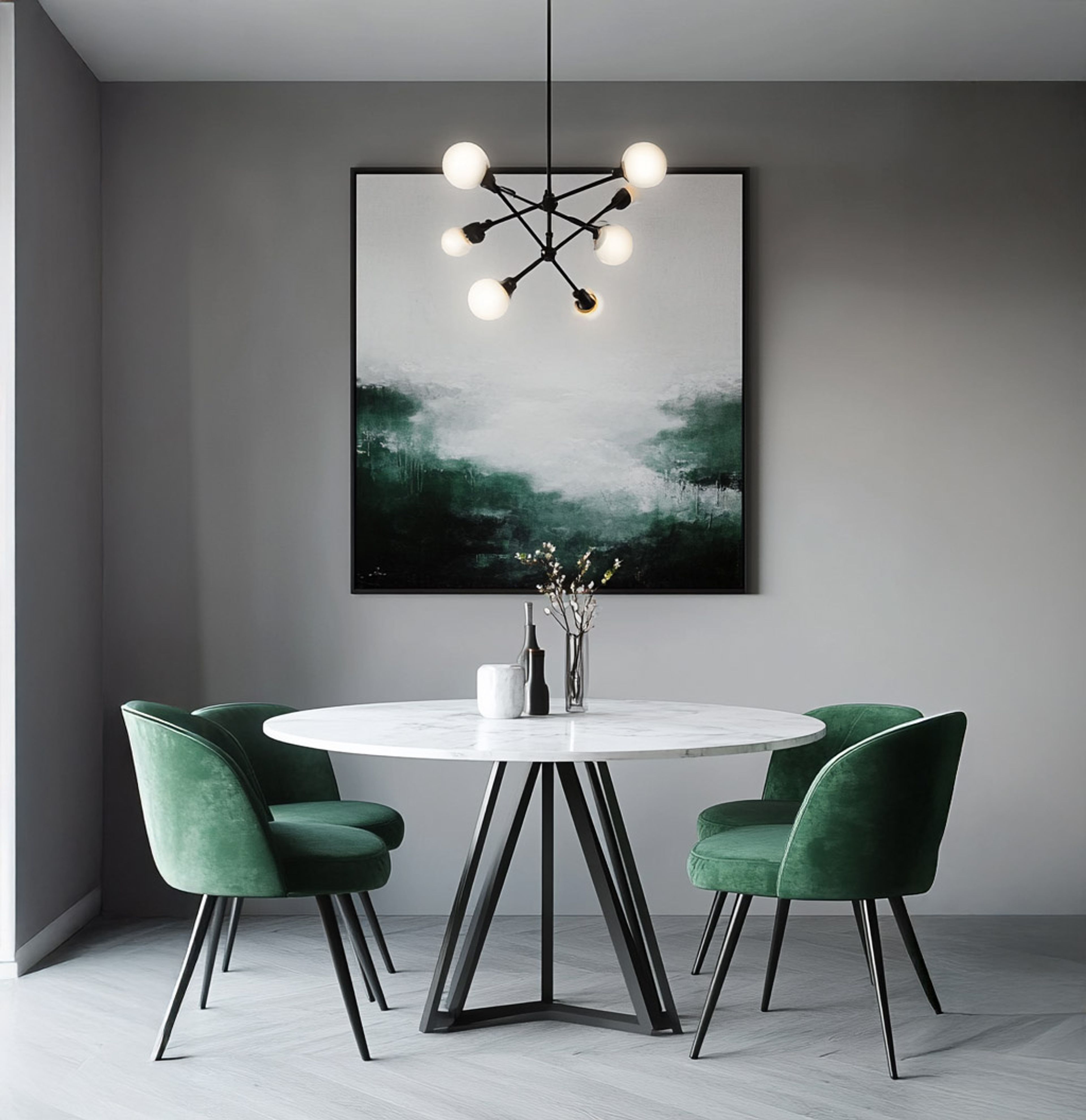 Dining Room Design with Round Marble Table and Velvet Chairs