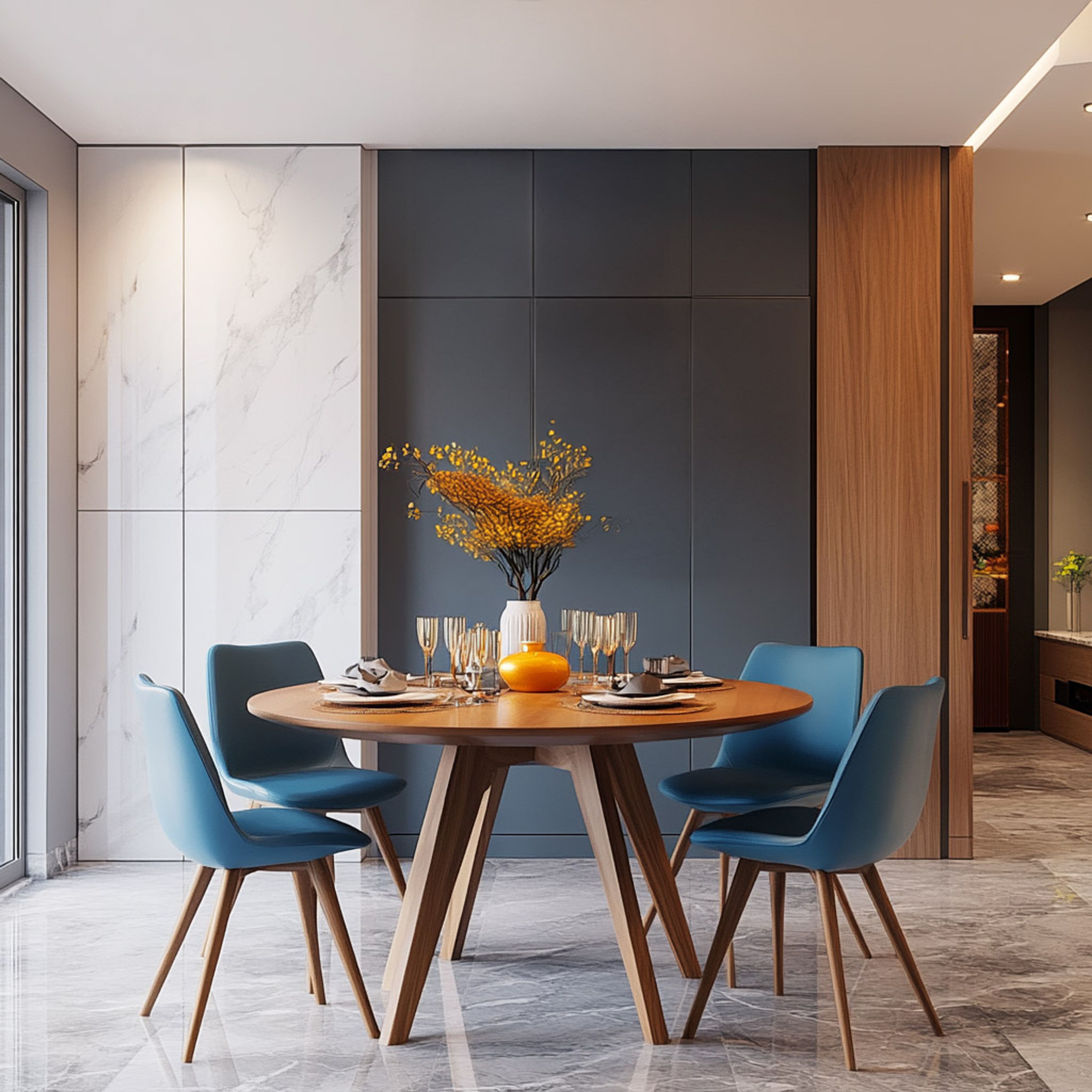 Dining Room Design with Angled Wooden Table and Blue Chairs