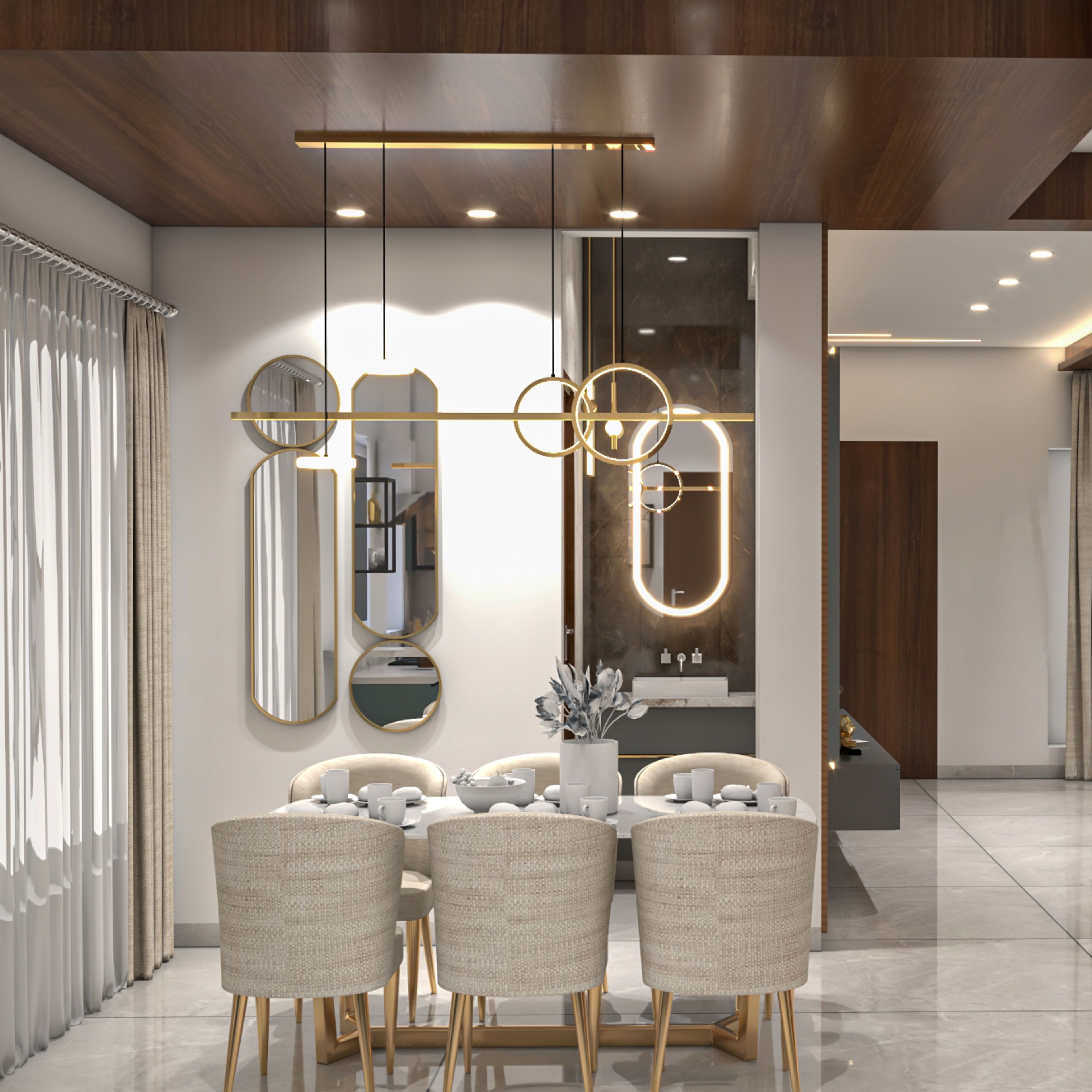 Dining Room Design with Cream Dining Chairs and Chandelier