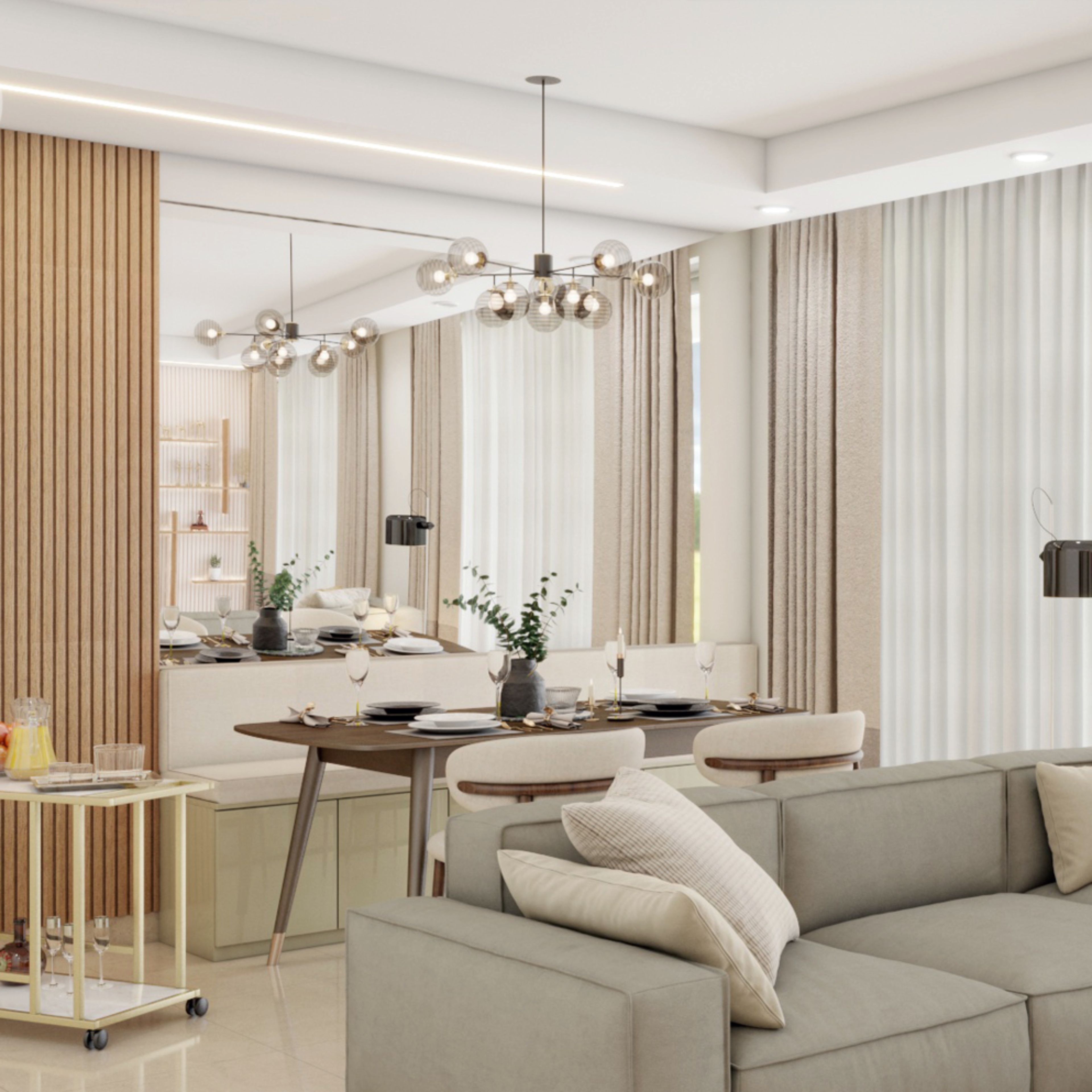 Dining Room Design with Dark Wood Table and Plush Seating