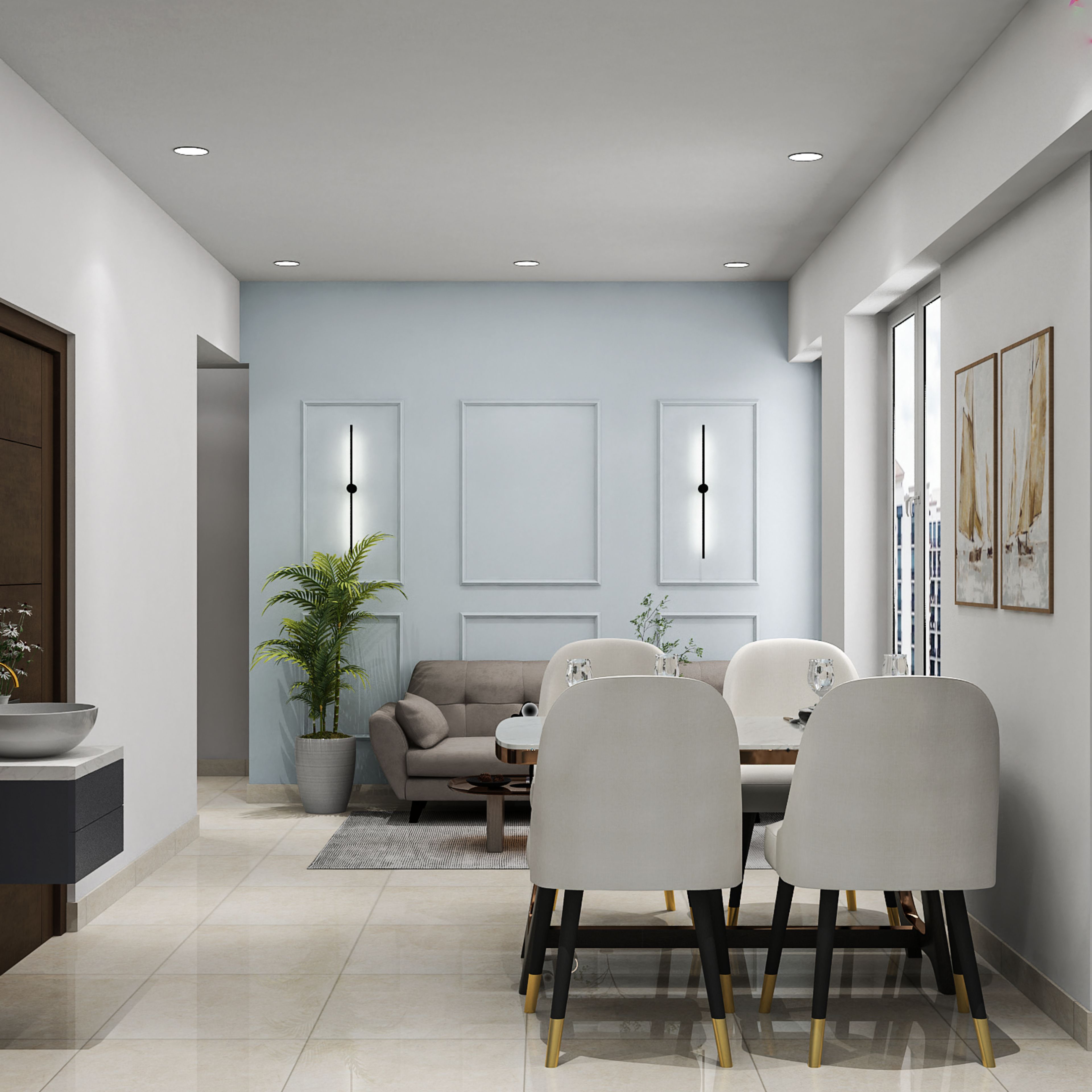 Dining Room Design with Marble Table and Seating Corner