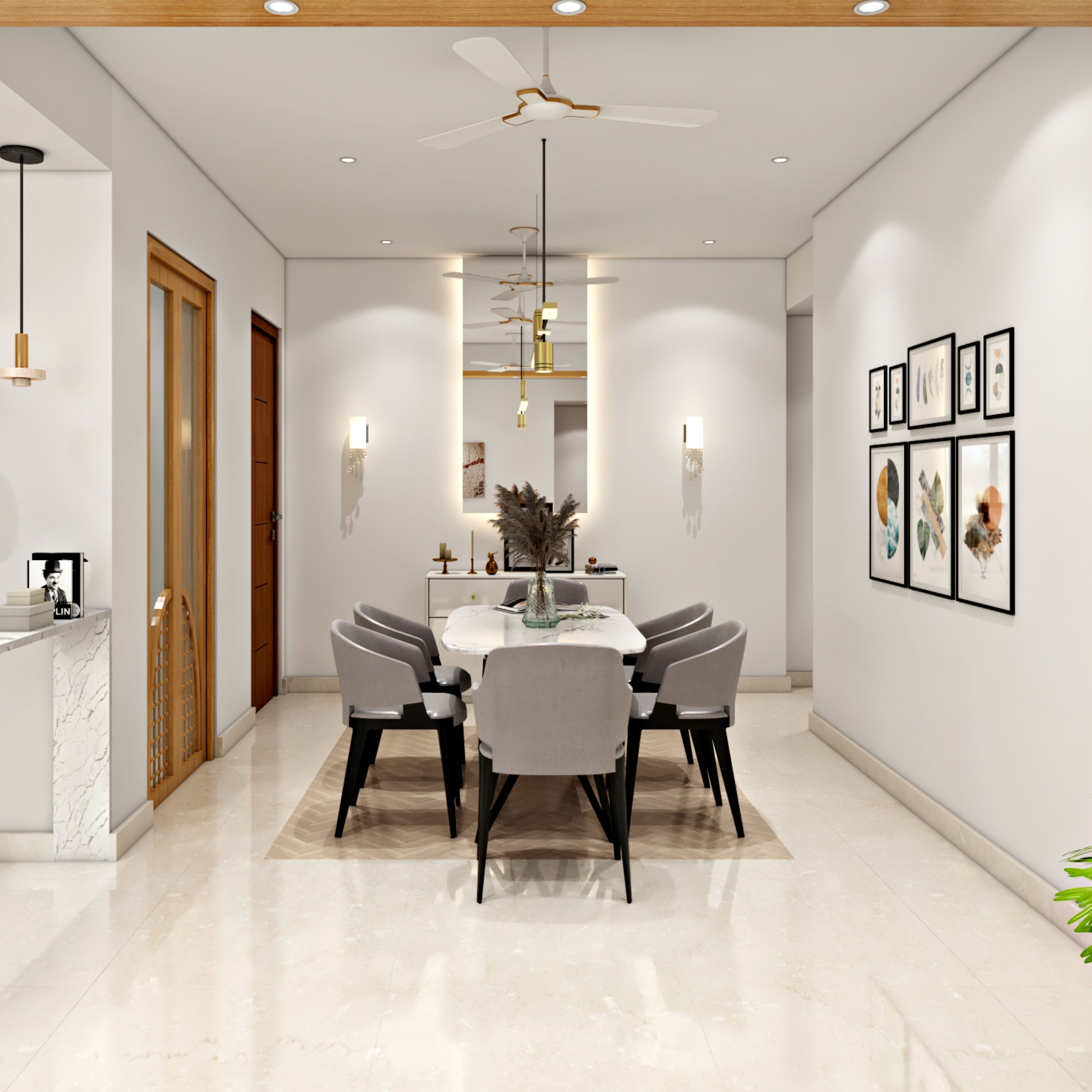 Dining Room Design with Marble Table and  Mixed Material Seating