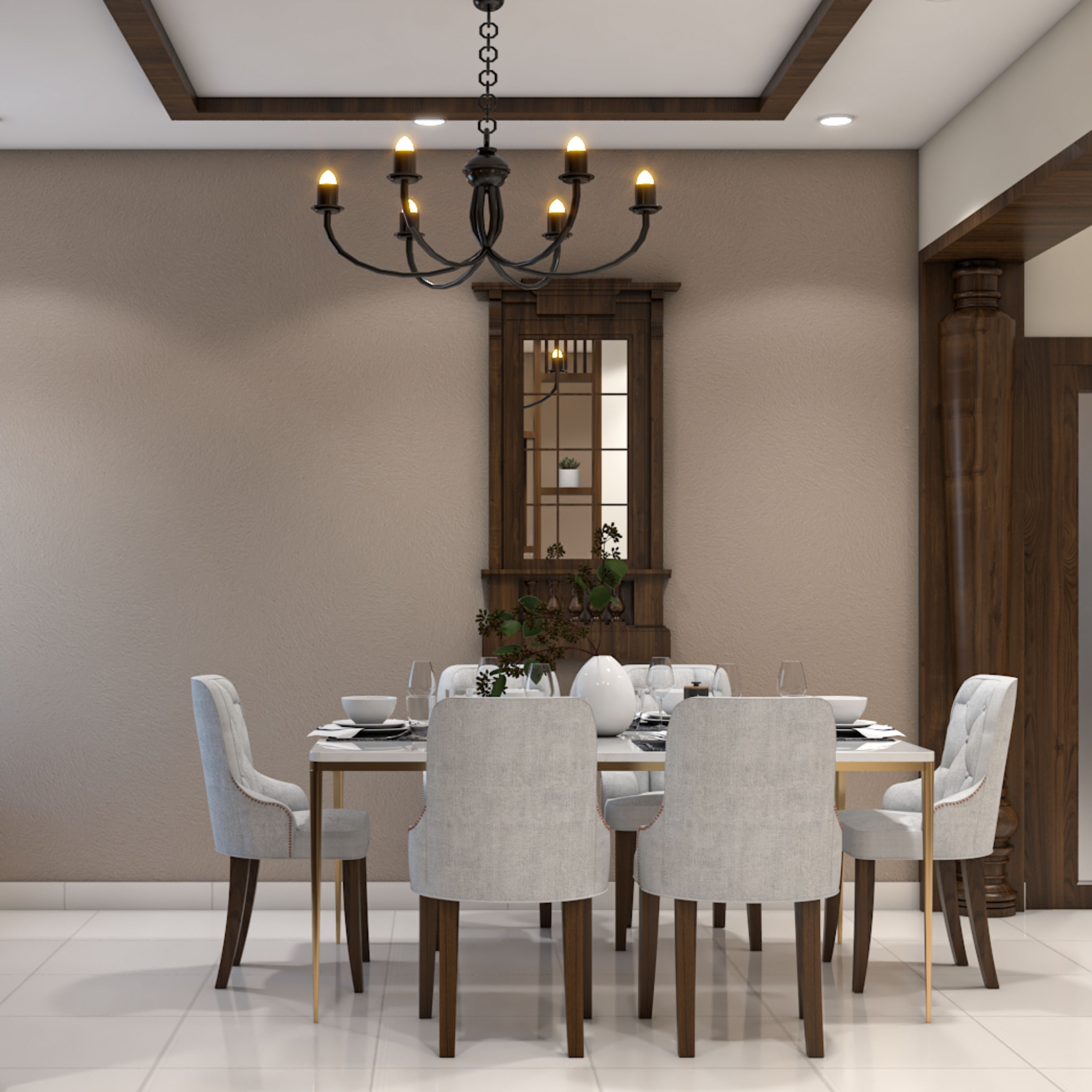 Dining Room Design with Display Cabinet and Neutral Palette