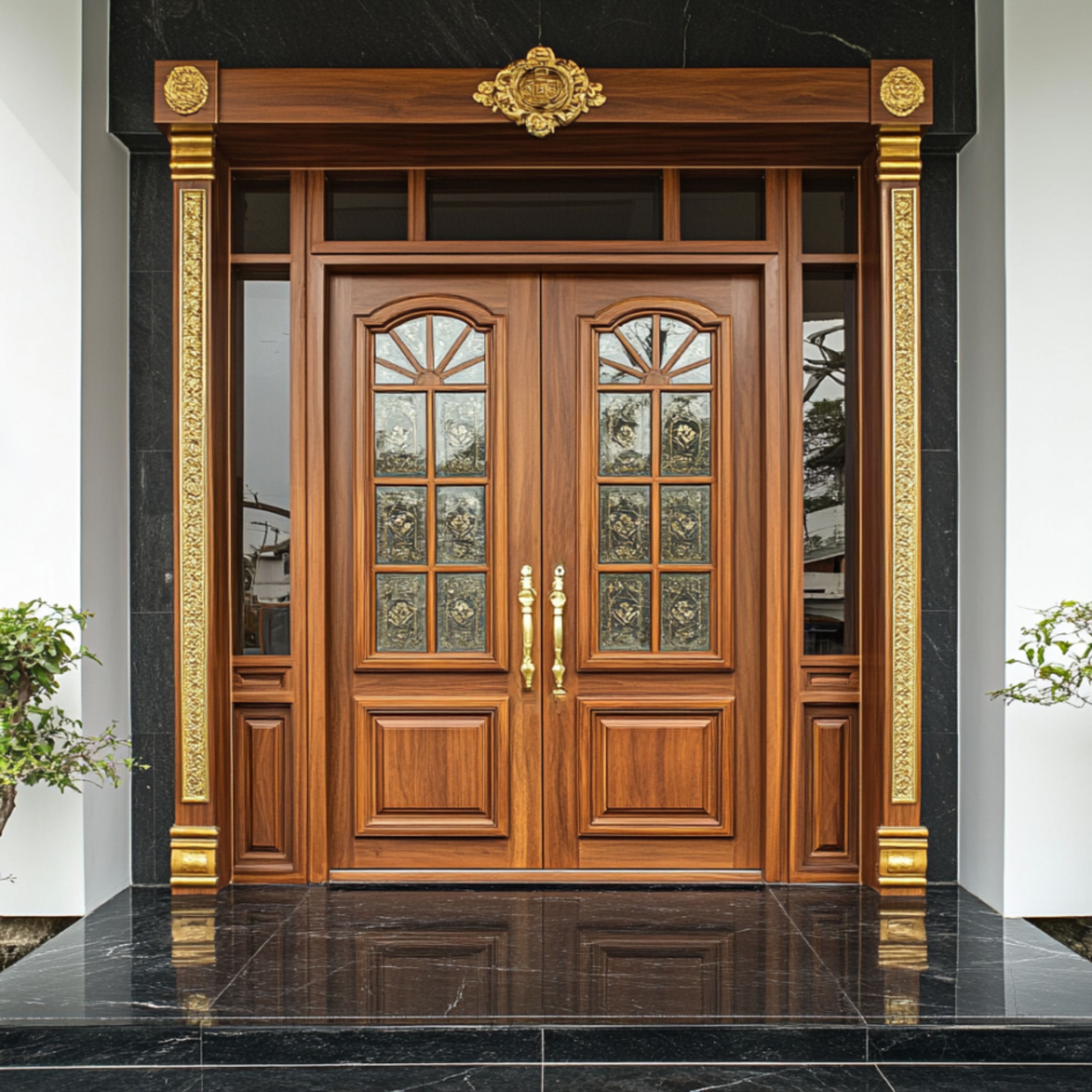 Classic Double Wooden Door Design with Glass Panels