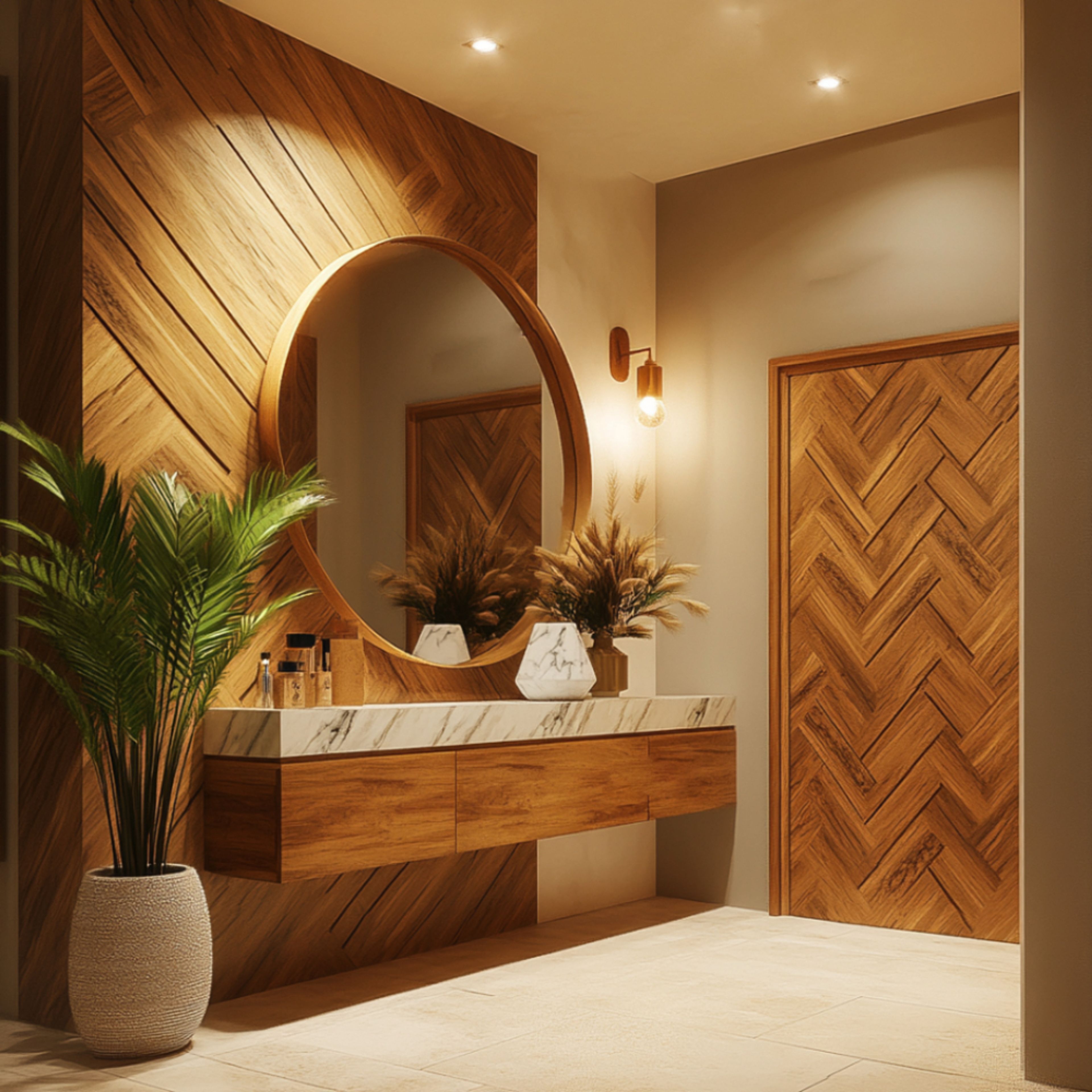 Contemporary Foyer Design with Floating Console and Chevron Wood Paneling