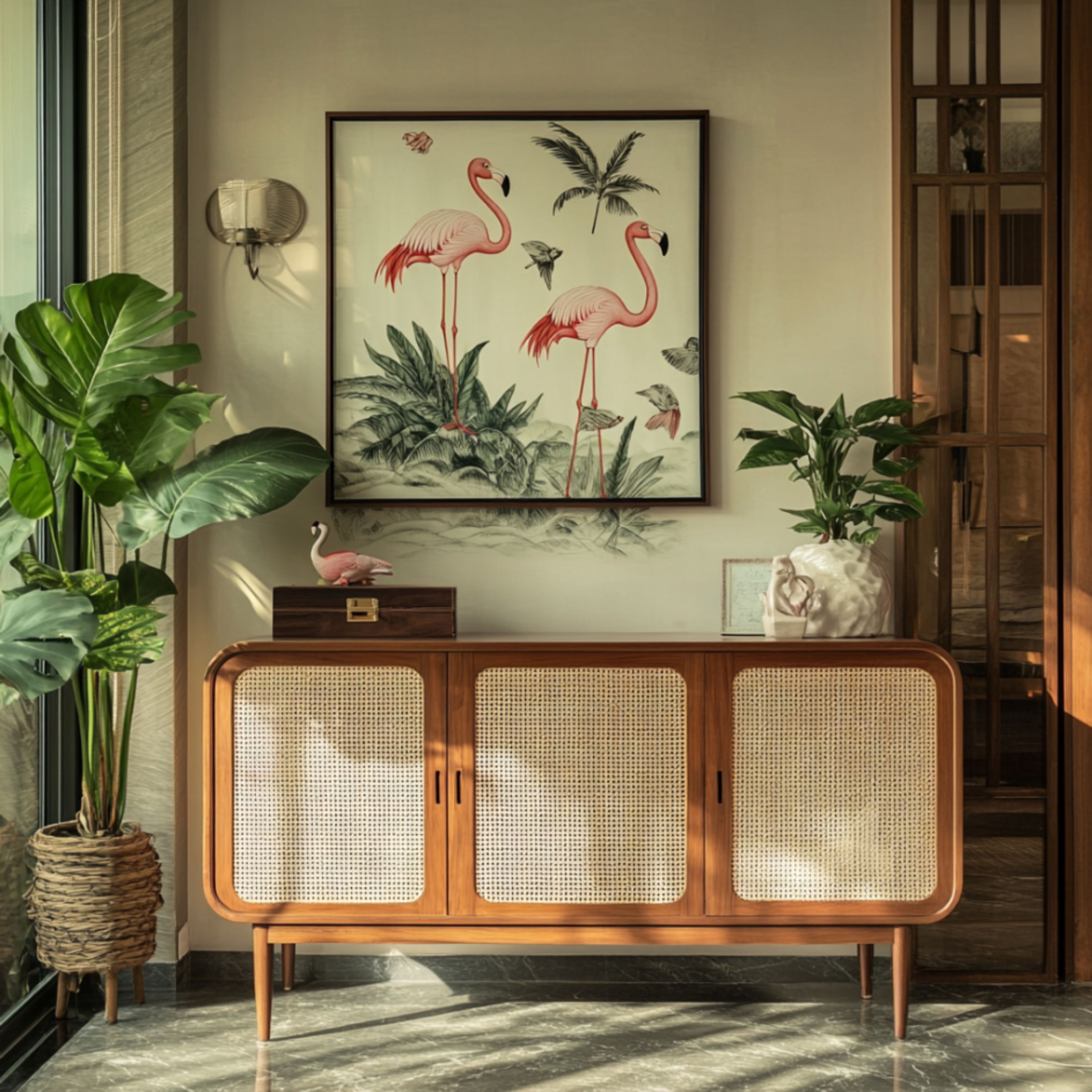 Tropical Foyer Design with Walnut Tones and Brass Details