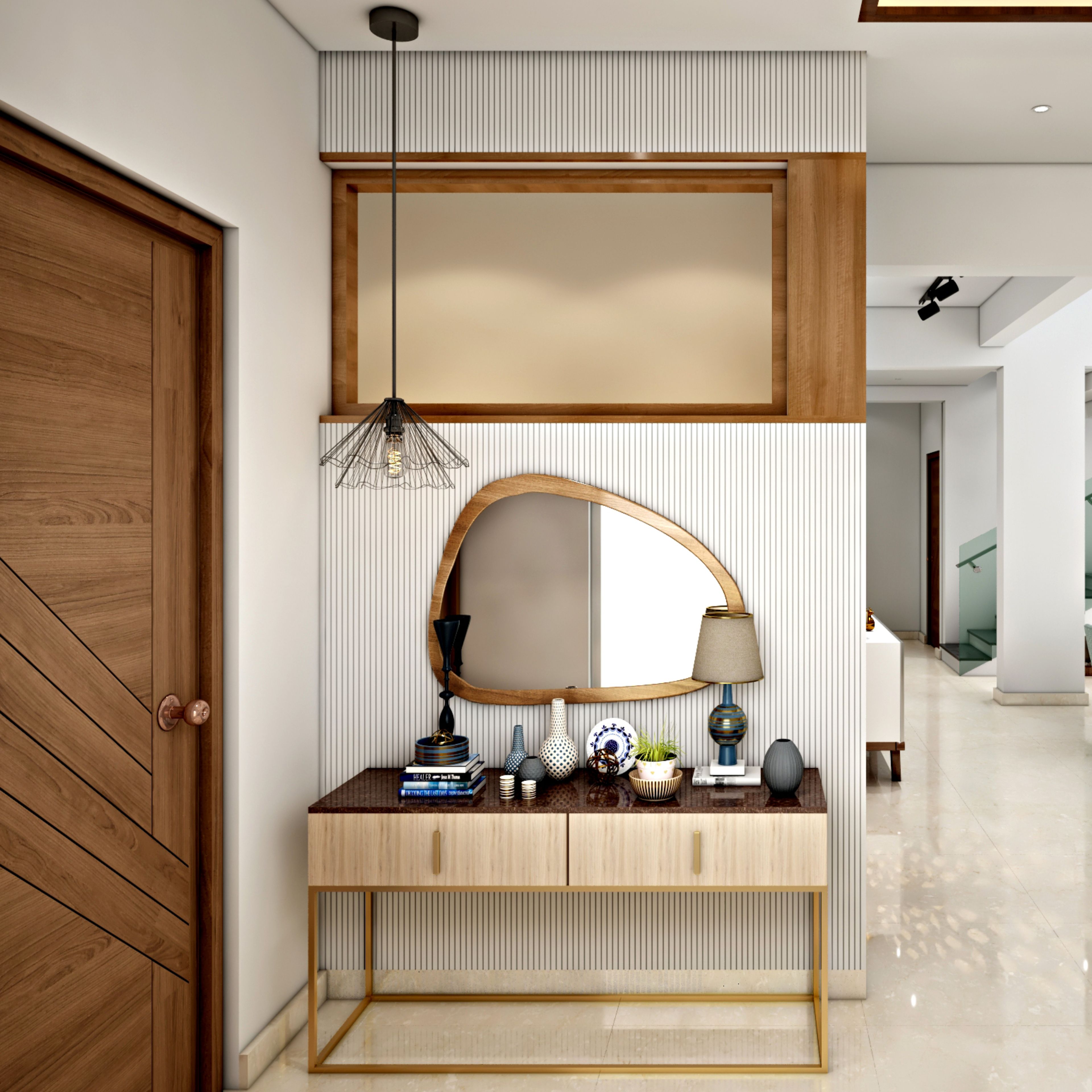 Contemporary Foyer Design with Chevron Panels and Mirror
