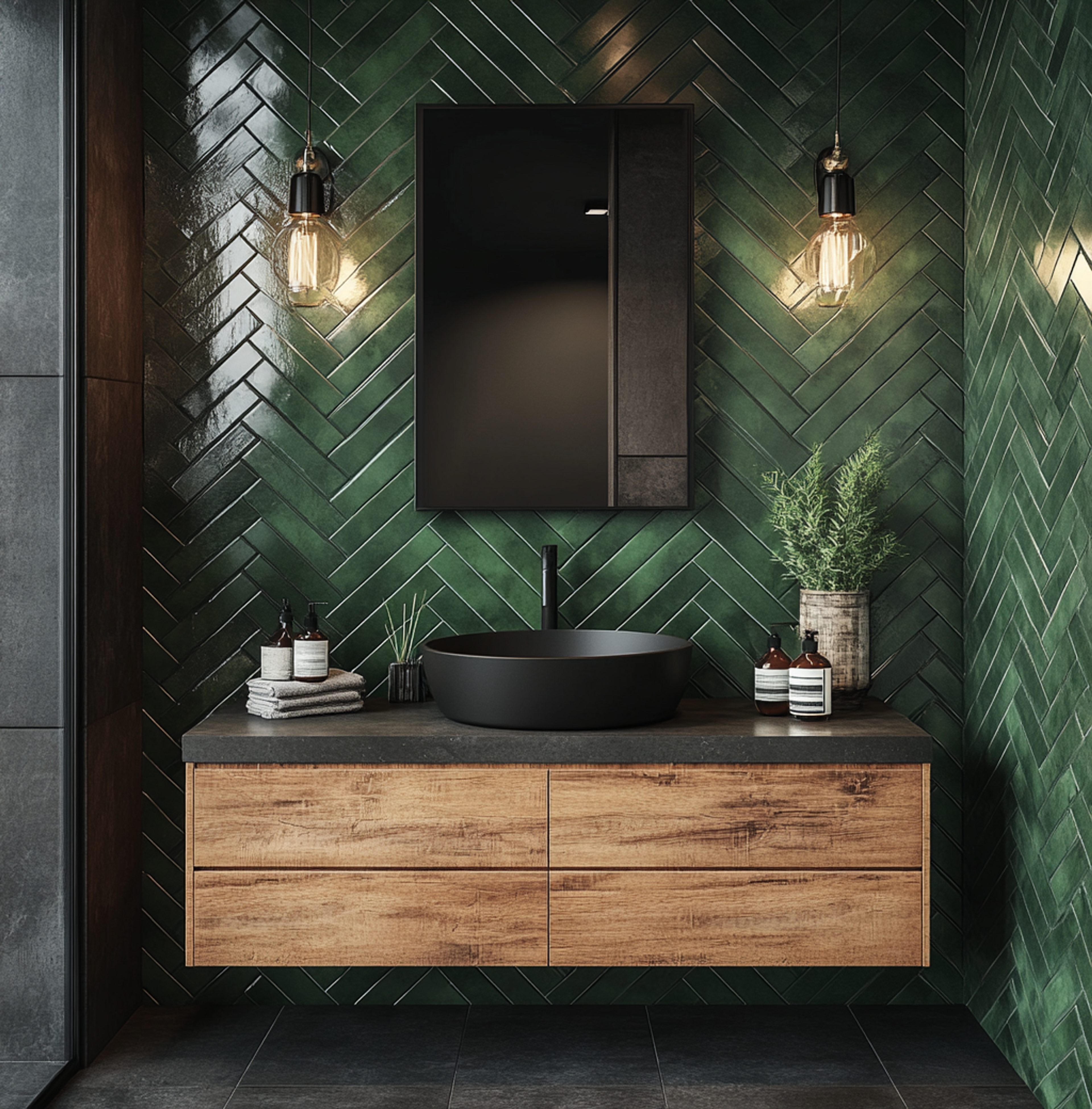 Modern Bathroom Design with Herringbone Green Tile Design