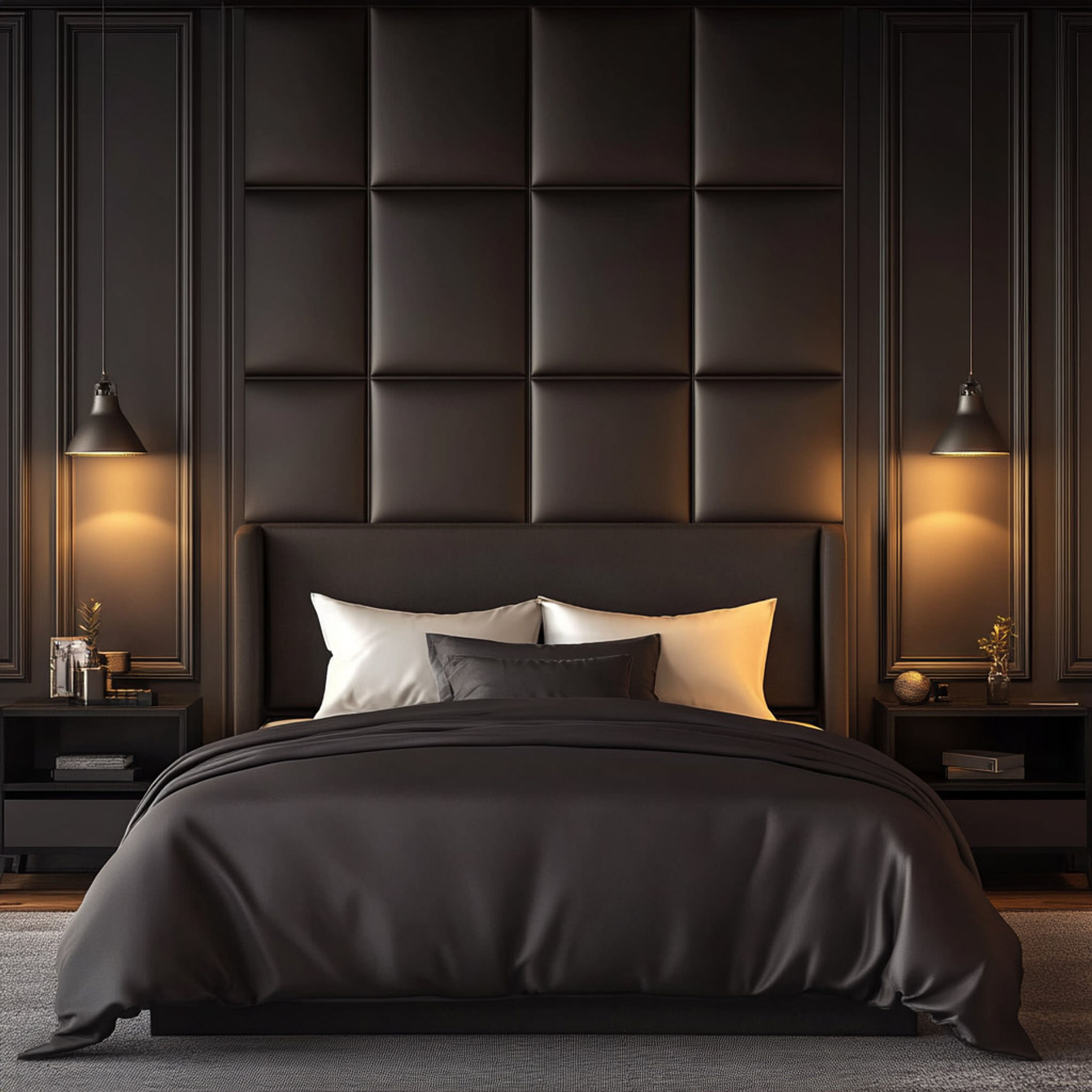 Modern Guest Bedroom Design with Dark Walls and Plush Headboard Design