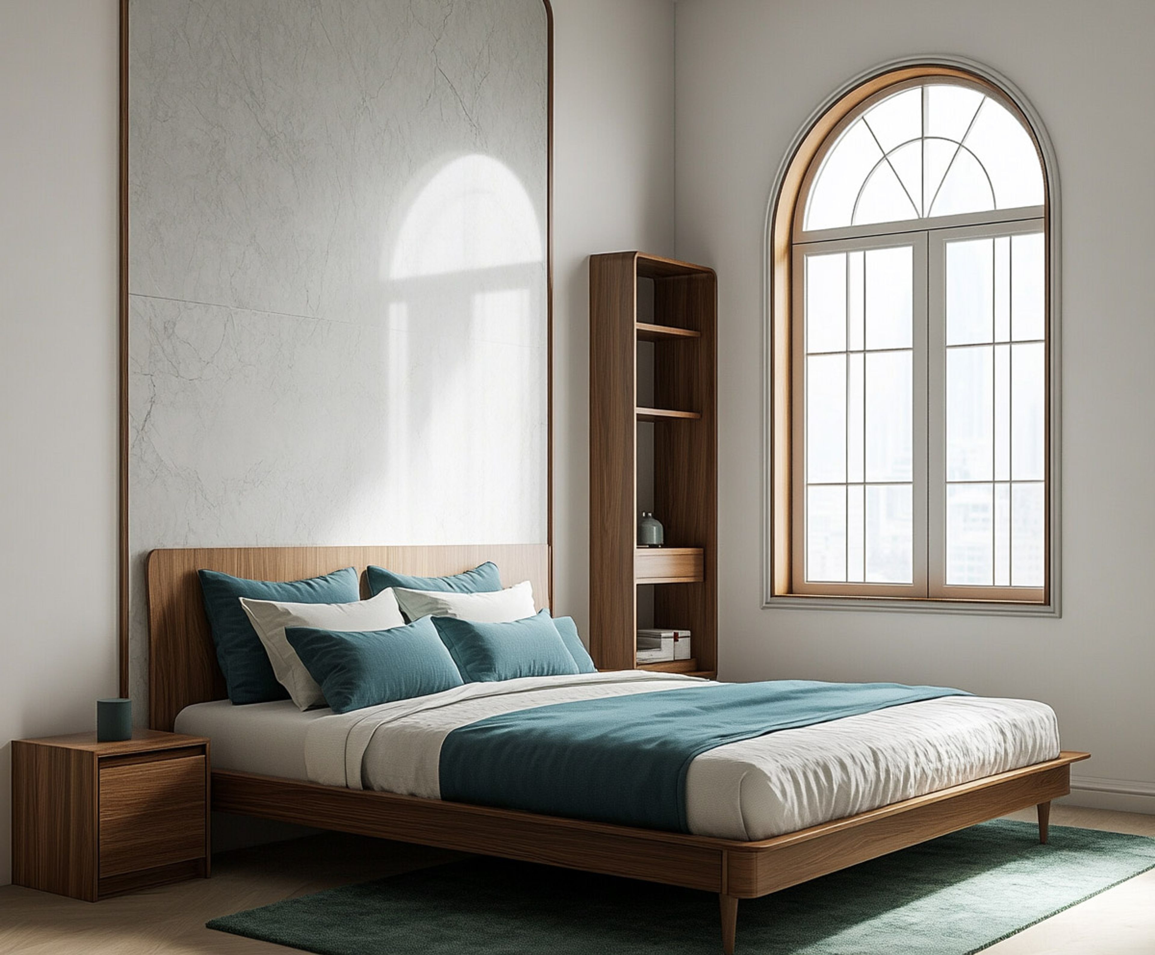 Contemporary Guest Bedroom Design with Wooden Bed and Marble Panel Accent