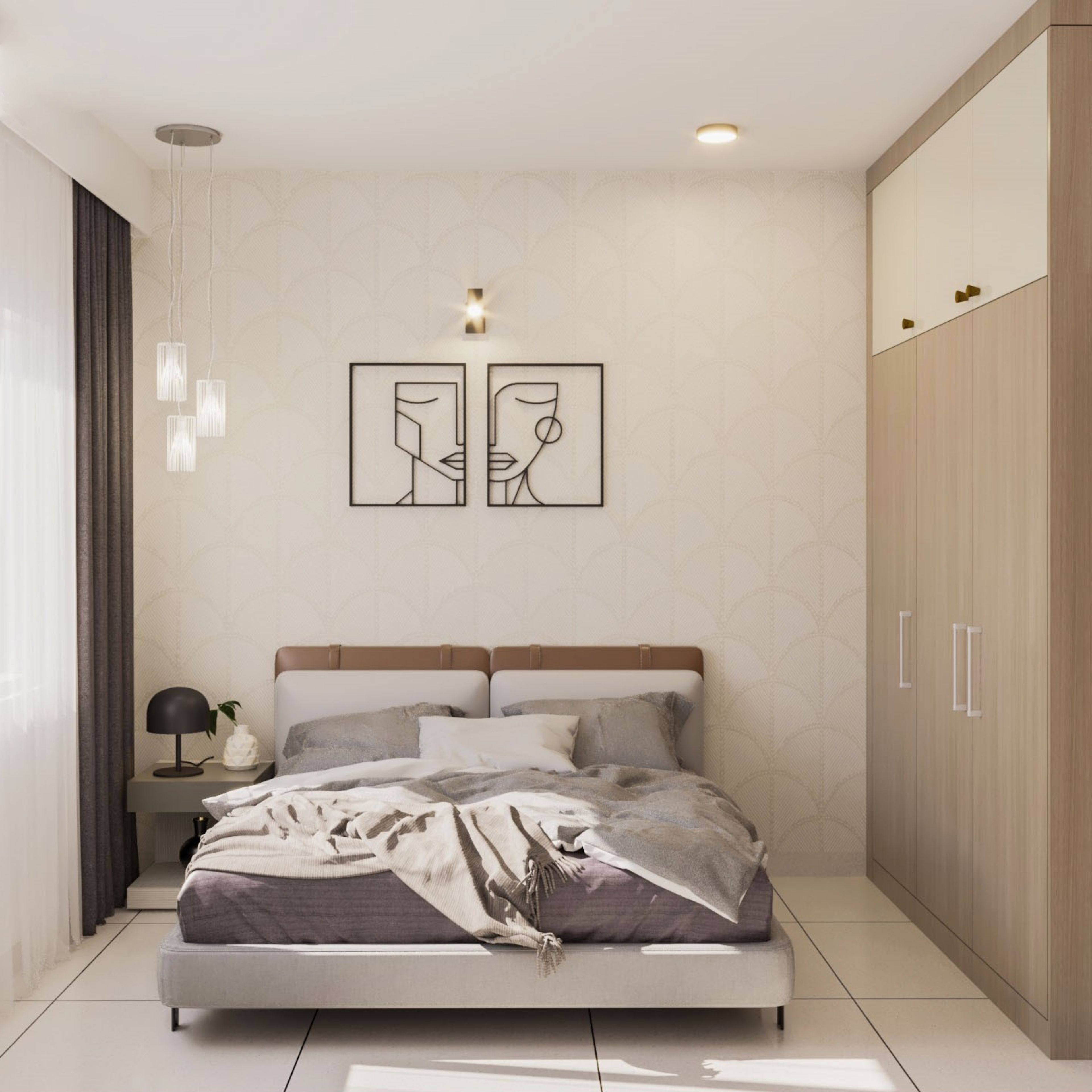 Modern Guest Bedroom Design With Upholstered Bed and Wall Art