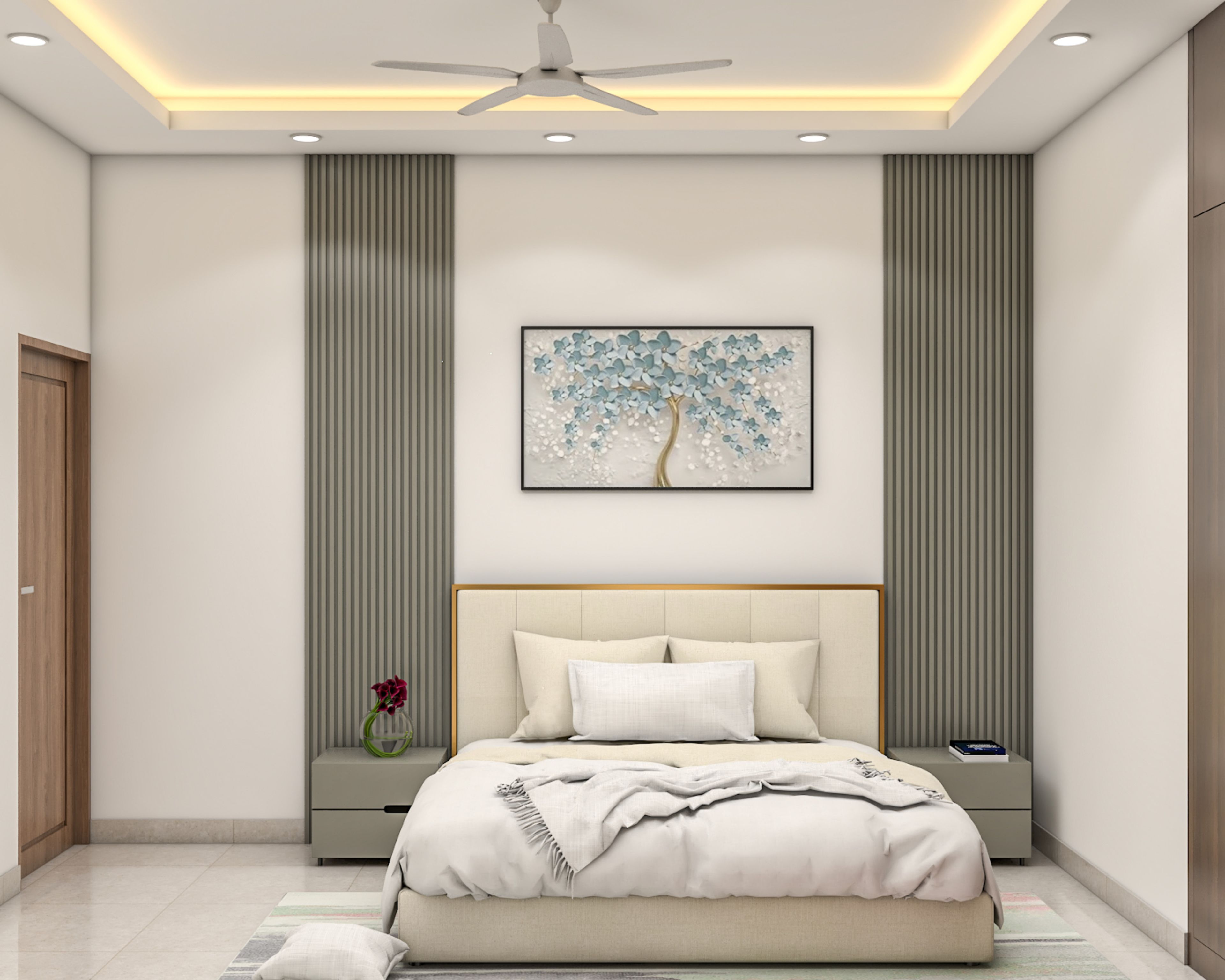 Modern Guest Bedroom Design With Olive Fluted Walls and Artwork