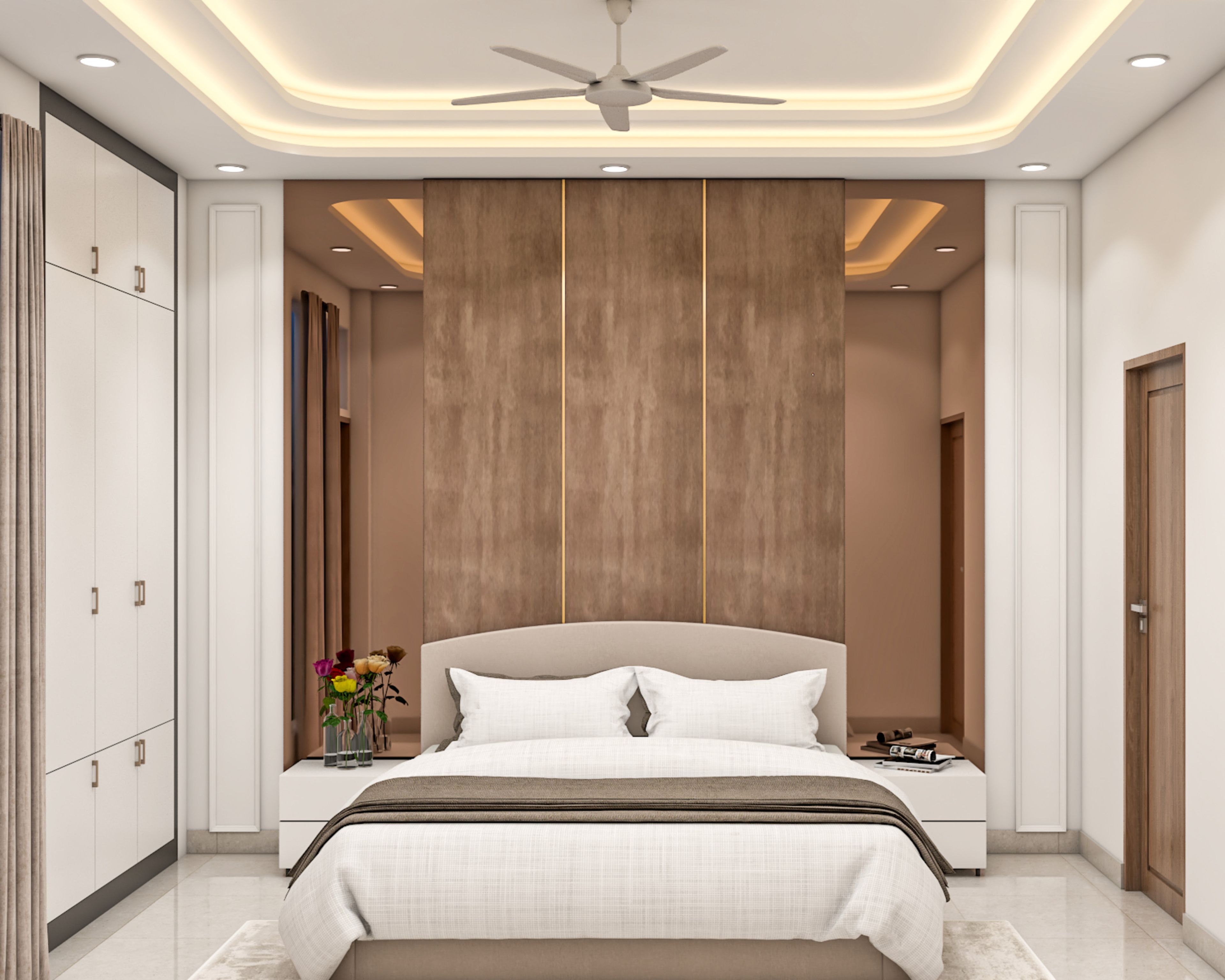 Contemporary Guest Bedroom Design With Walnut Paneling and Cove Lighting