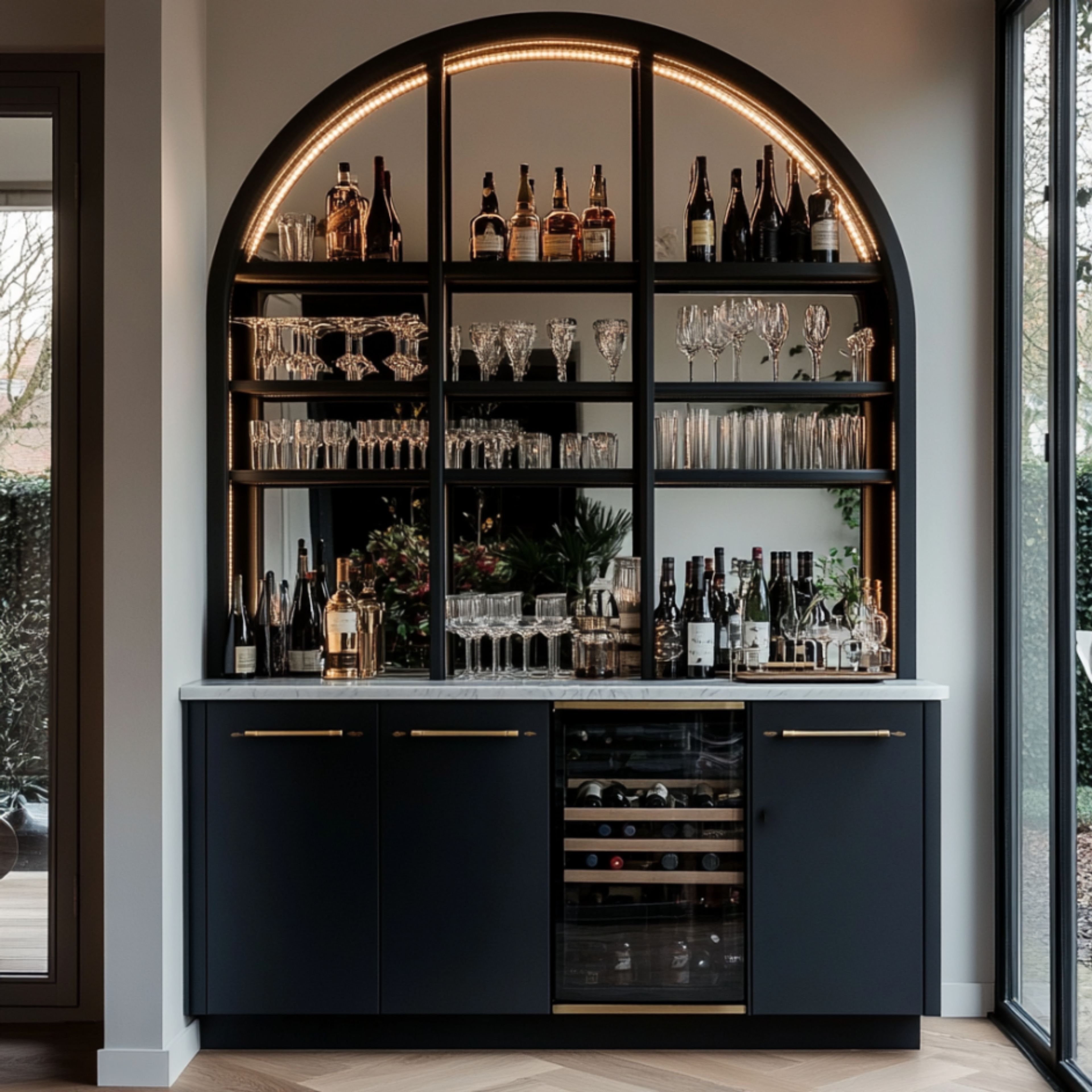 Modern Home Bar Design with Open Shelves and Wine Cooler
