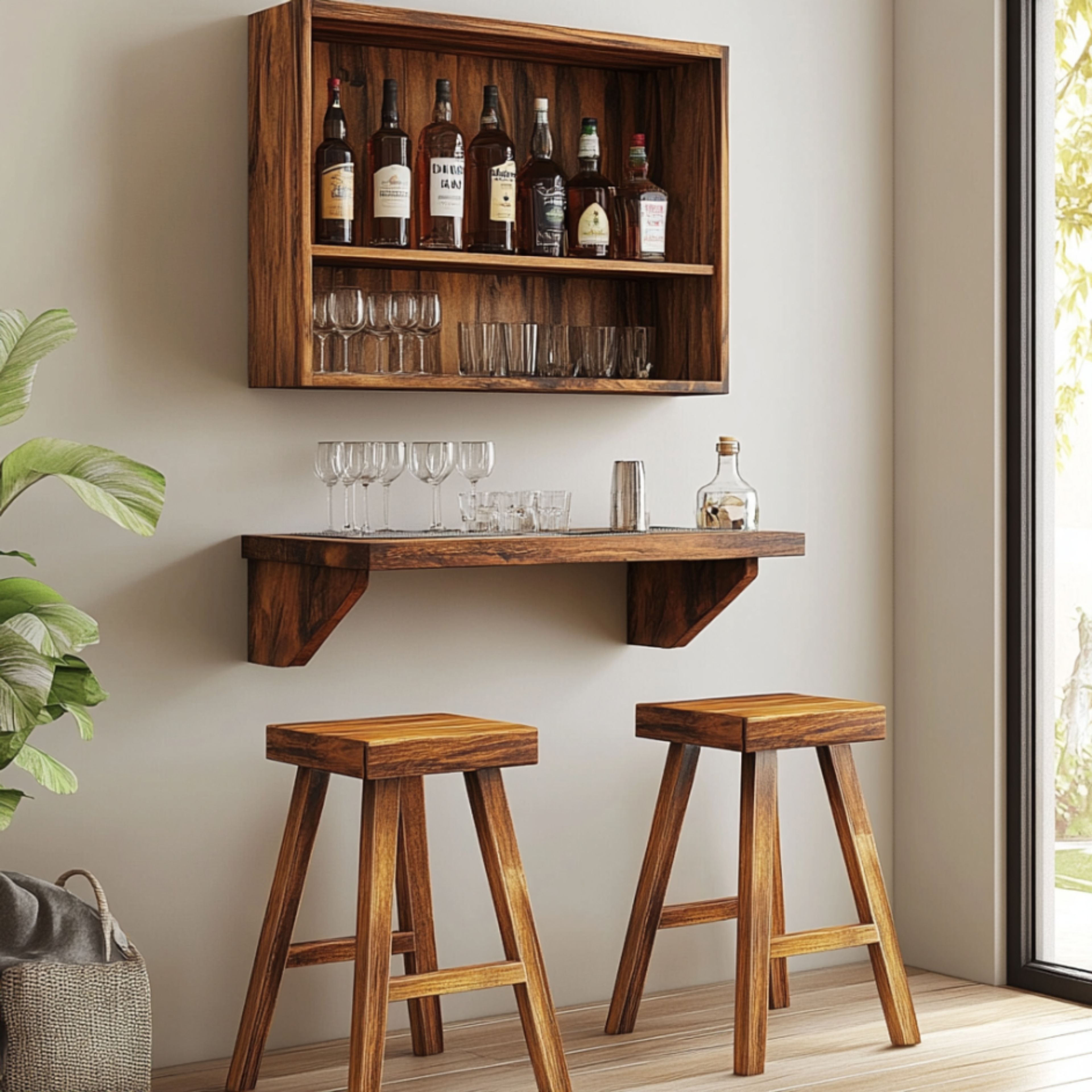 Industrial Home Bar Design with Wall-mounted Shelves and Teak Finish