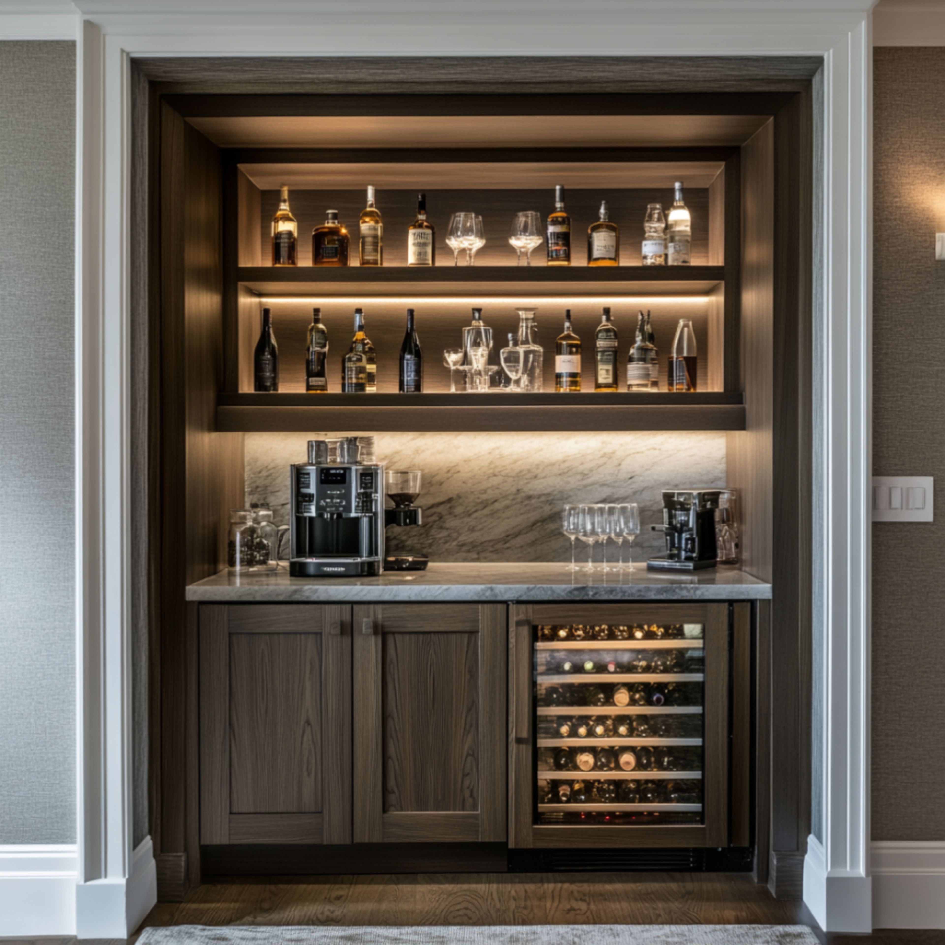 Modern Home Bar Design With Built-In Wine Fridge and Shelves