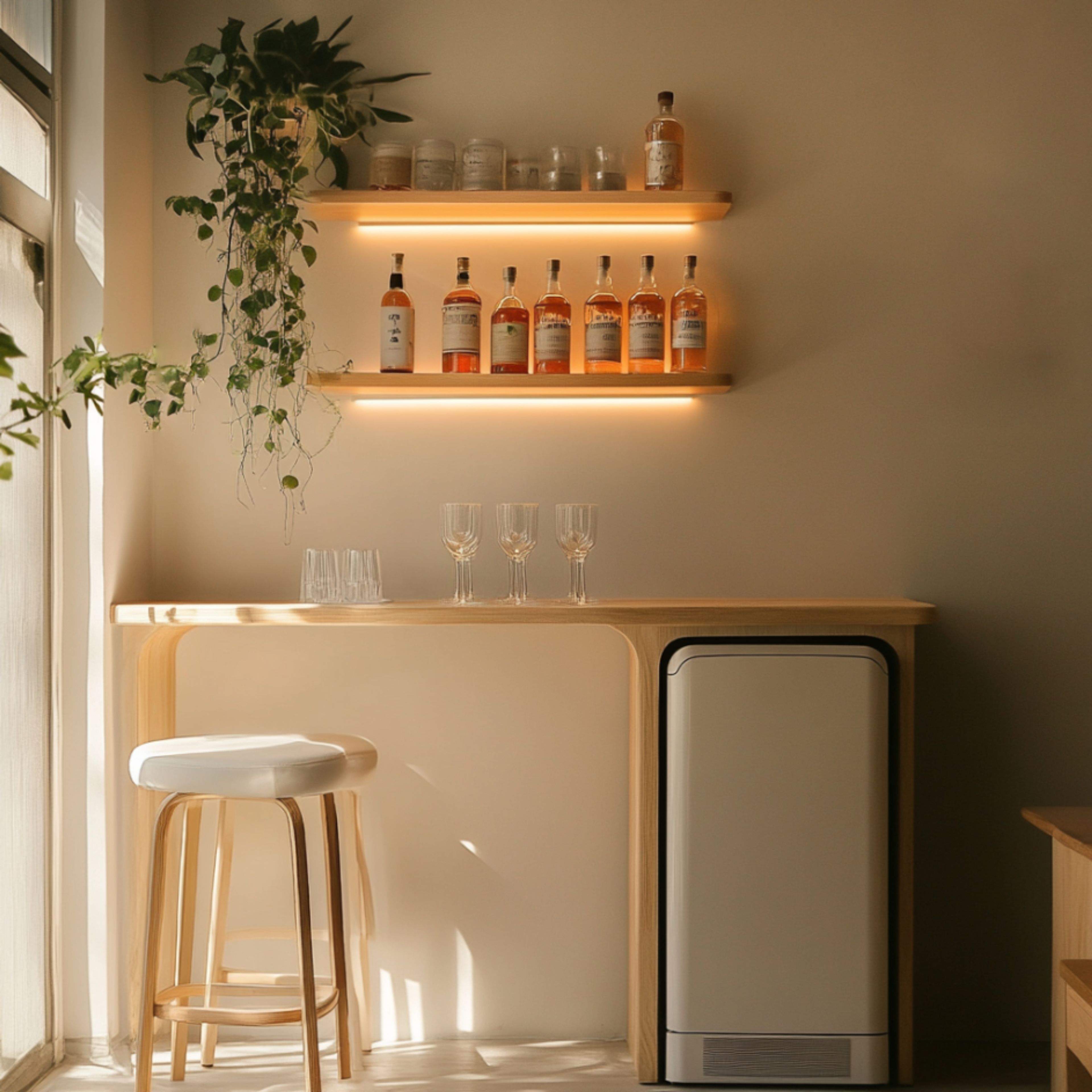 Scandinavian Home Bar Design With Chiller Drawer and Display