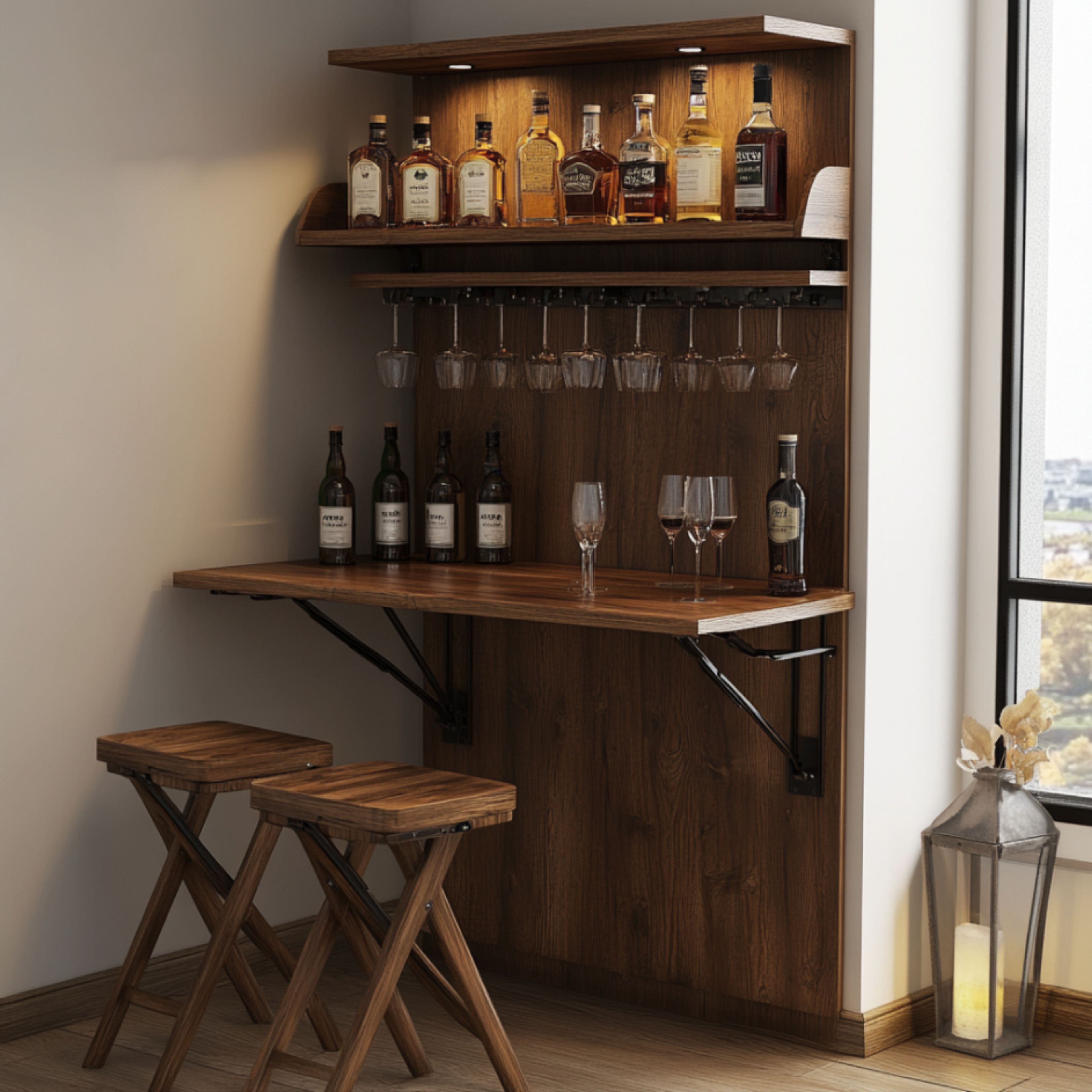 Rustic Home Bar Design With Fold-Down Table and Glass Rack