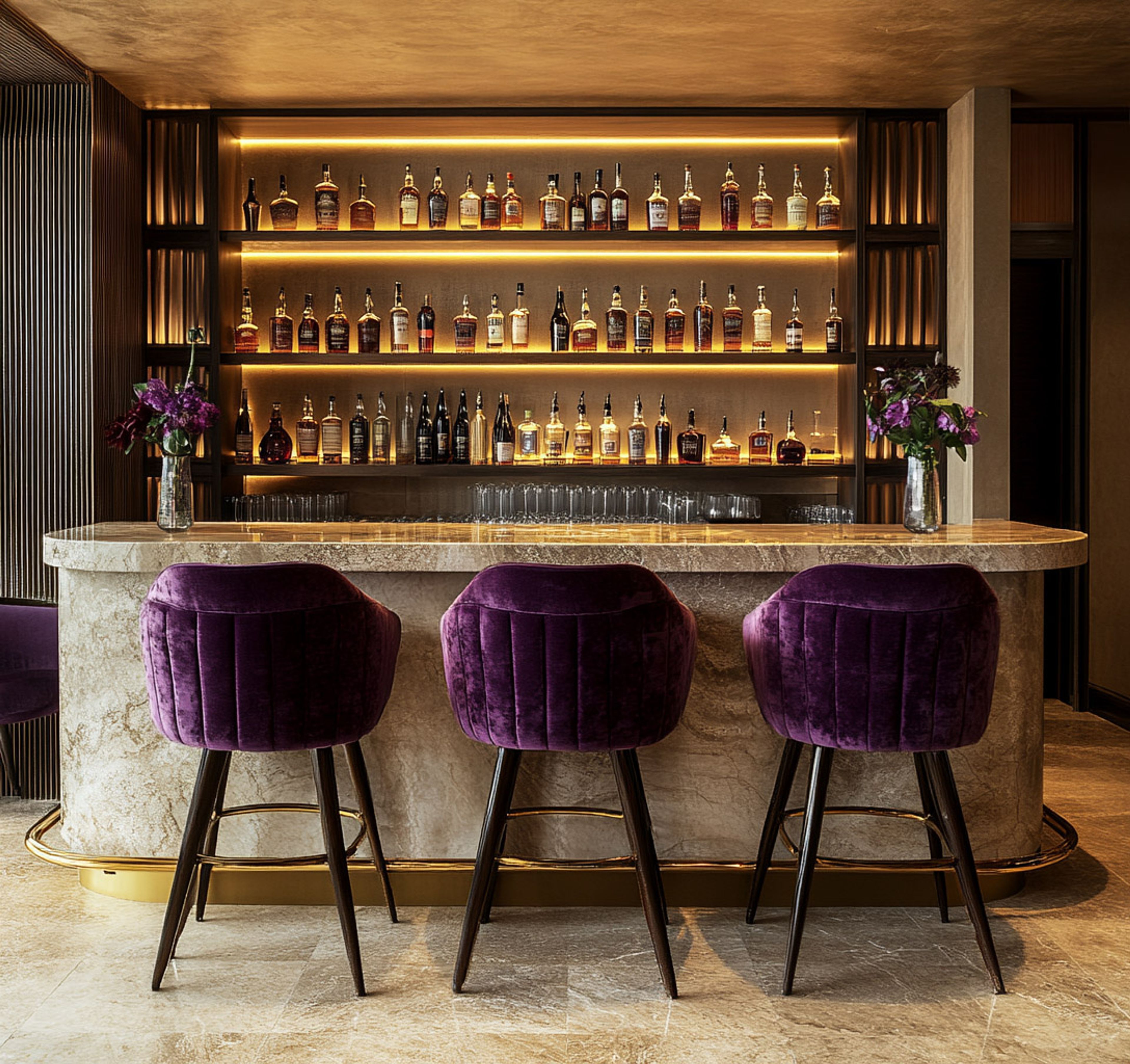 Modern Home Bar Design with Illuminated Shelves in Walnut Finish