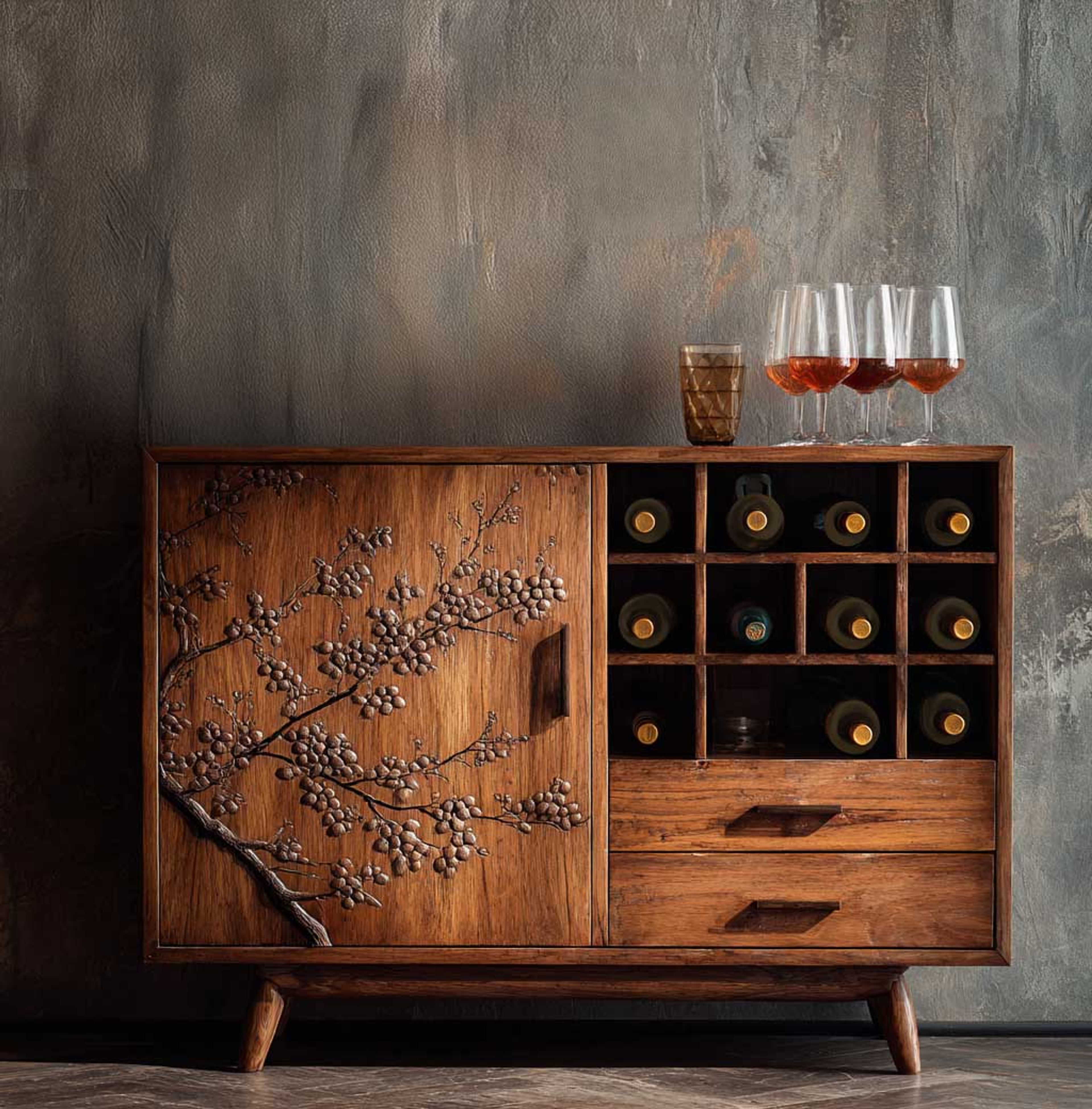 Modern Home Bar Design With Open Wooden Storage and Suede Finish