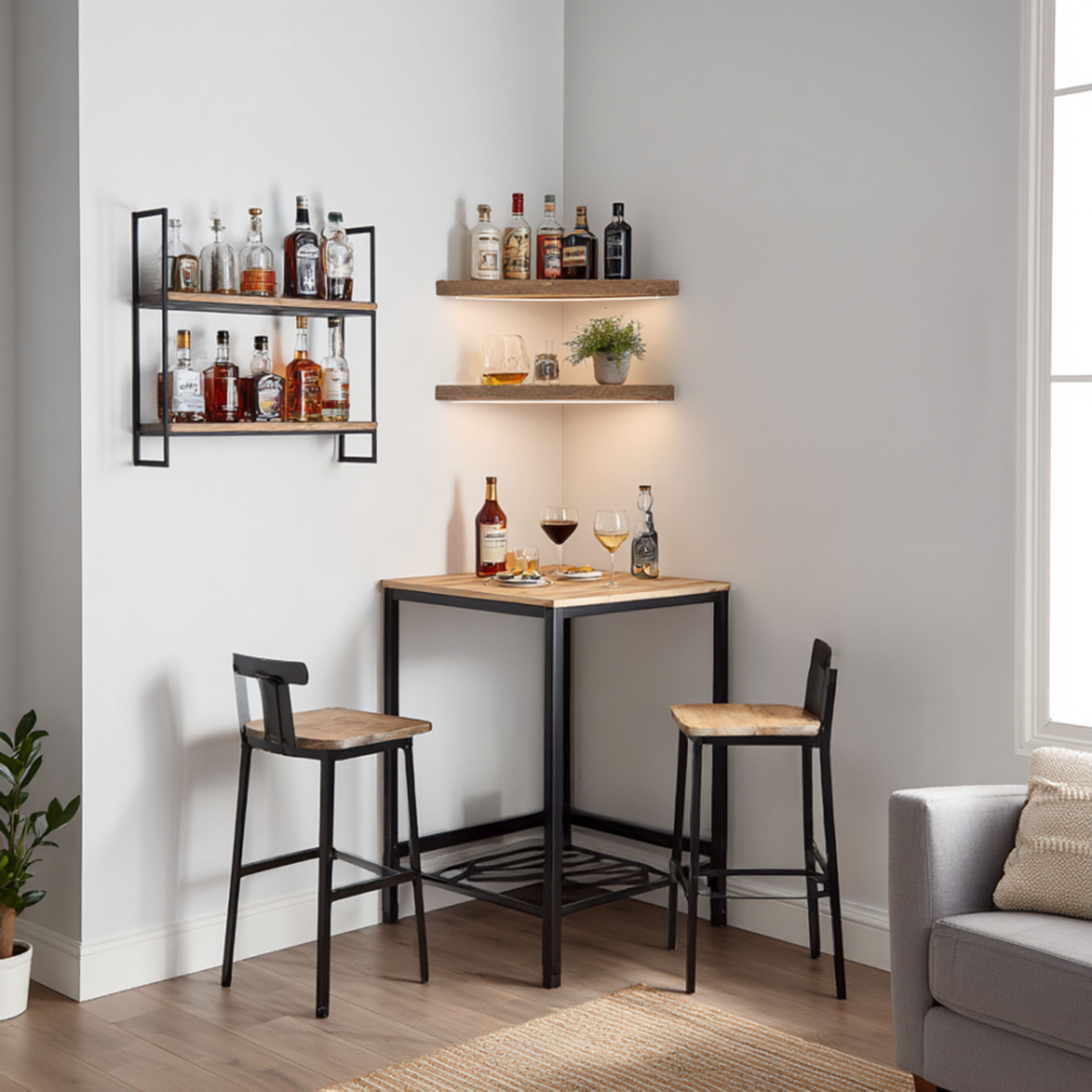 Industrial Home Bar Design with Floating Shelves and Glass Holder