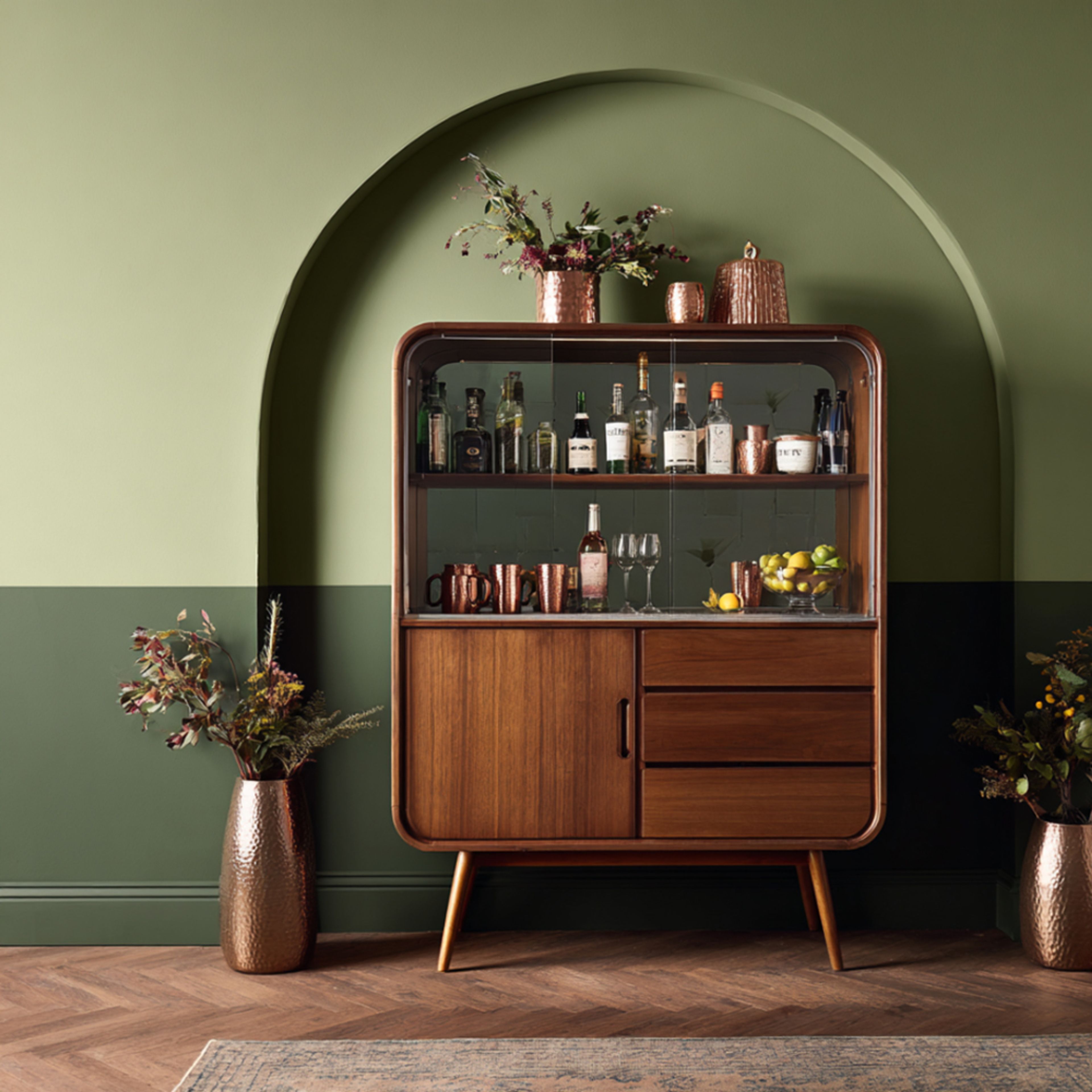 Mid-Century Modern Home Bar Design with Drawers and Open Storage
