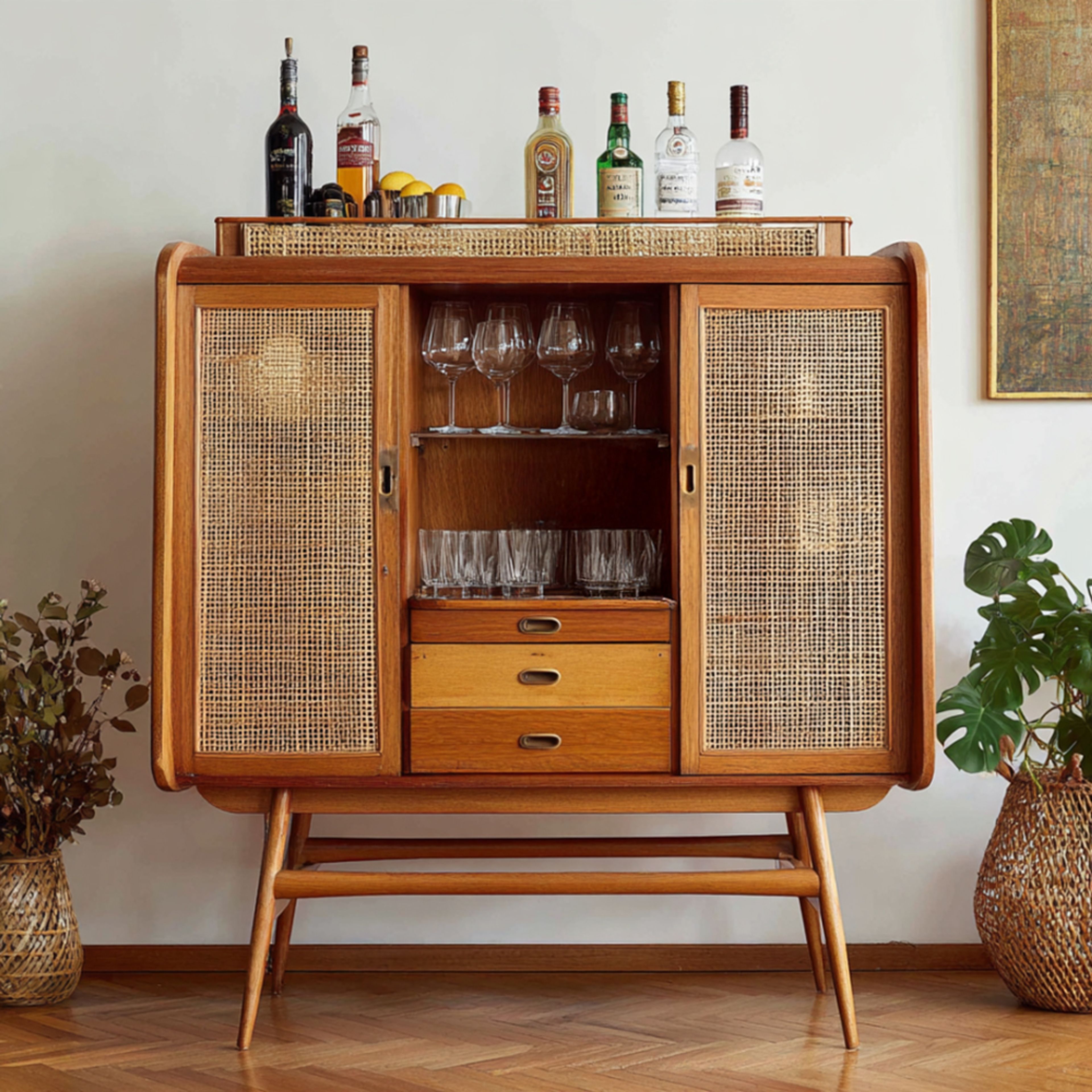 Vintage Home Bar Design with Glassware Shelf and Storage Cabinets