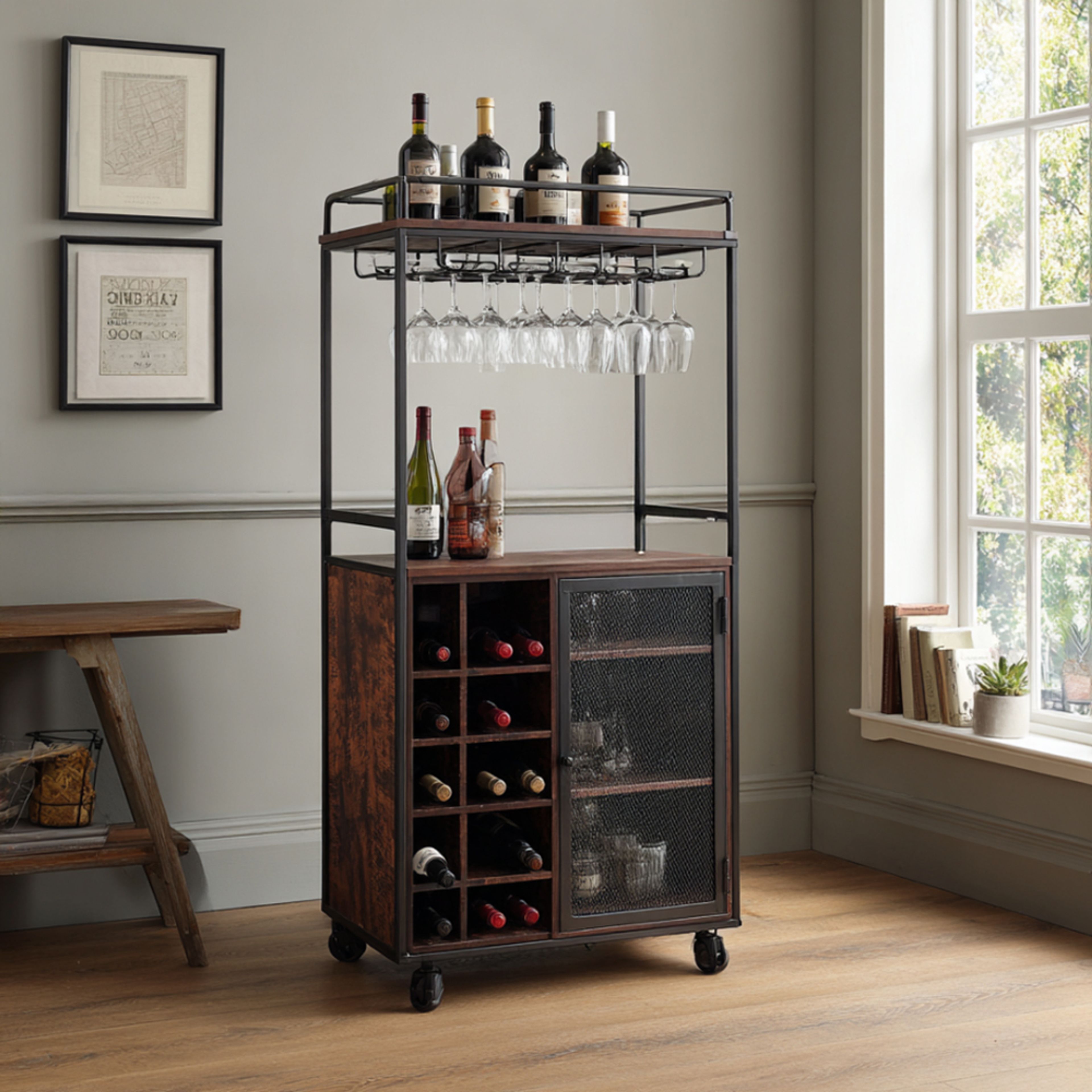Rustic Home Bar Design with Wine Rack and Hanging Glass Holders