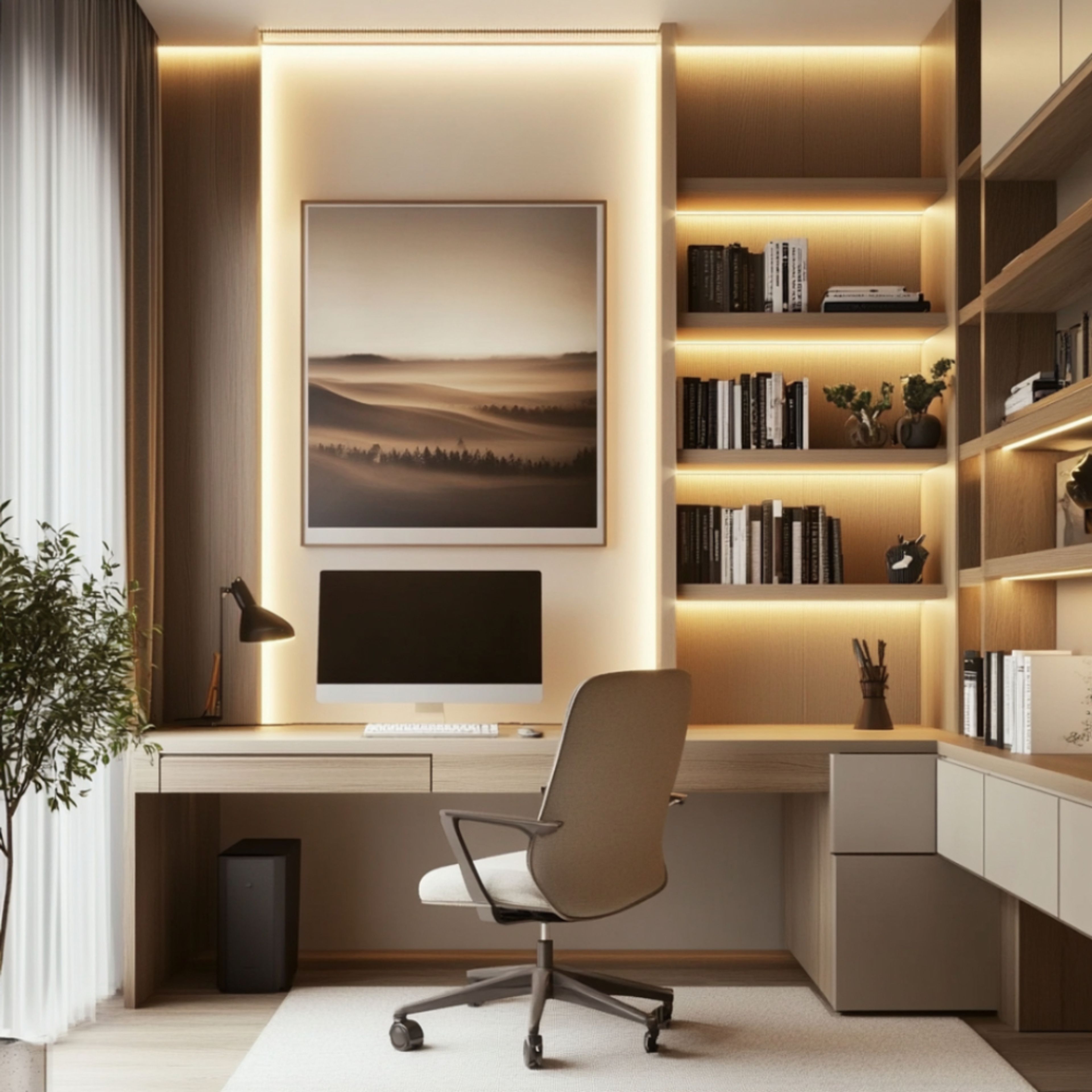 Scandinavian Home Office Design with Desk and Built-in Shelving