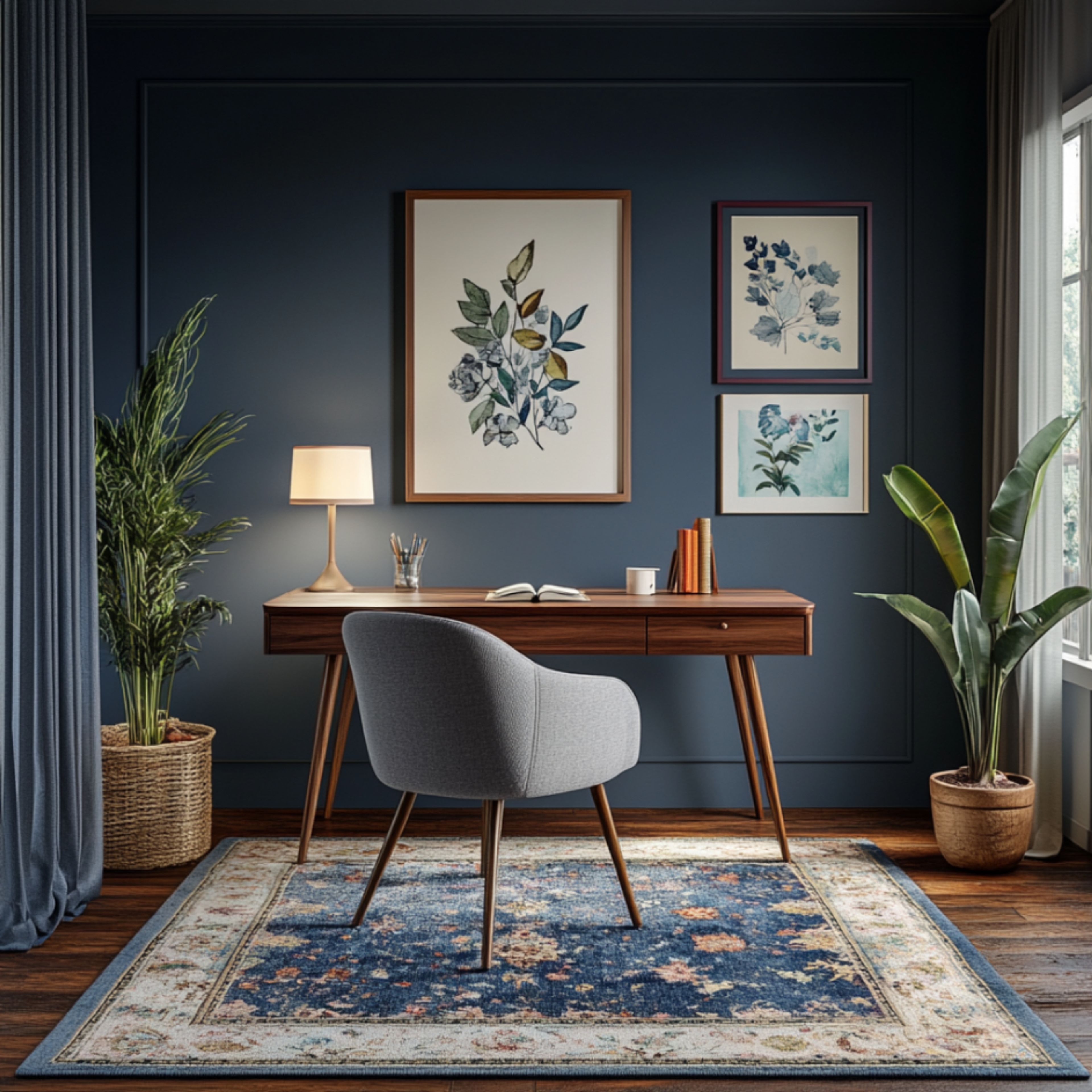 Mid-century Modern Home Office Design With Wooden Desk