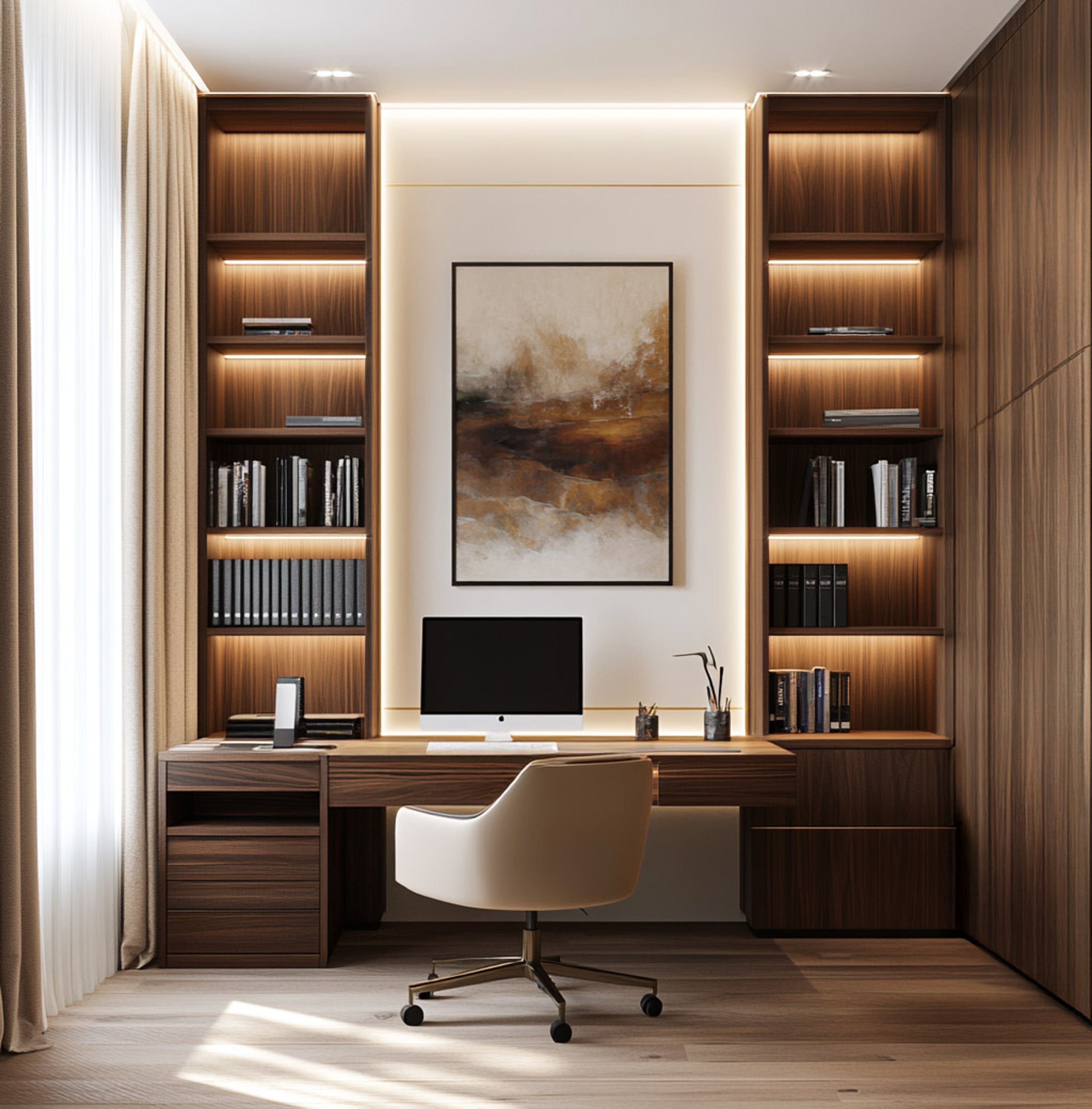 Contemporary Home Office Design With Storage in Vertical Walnut Finish