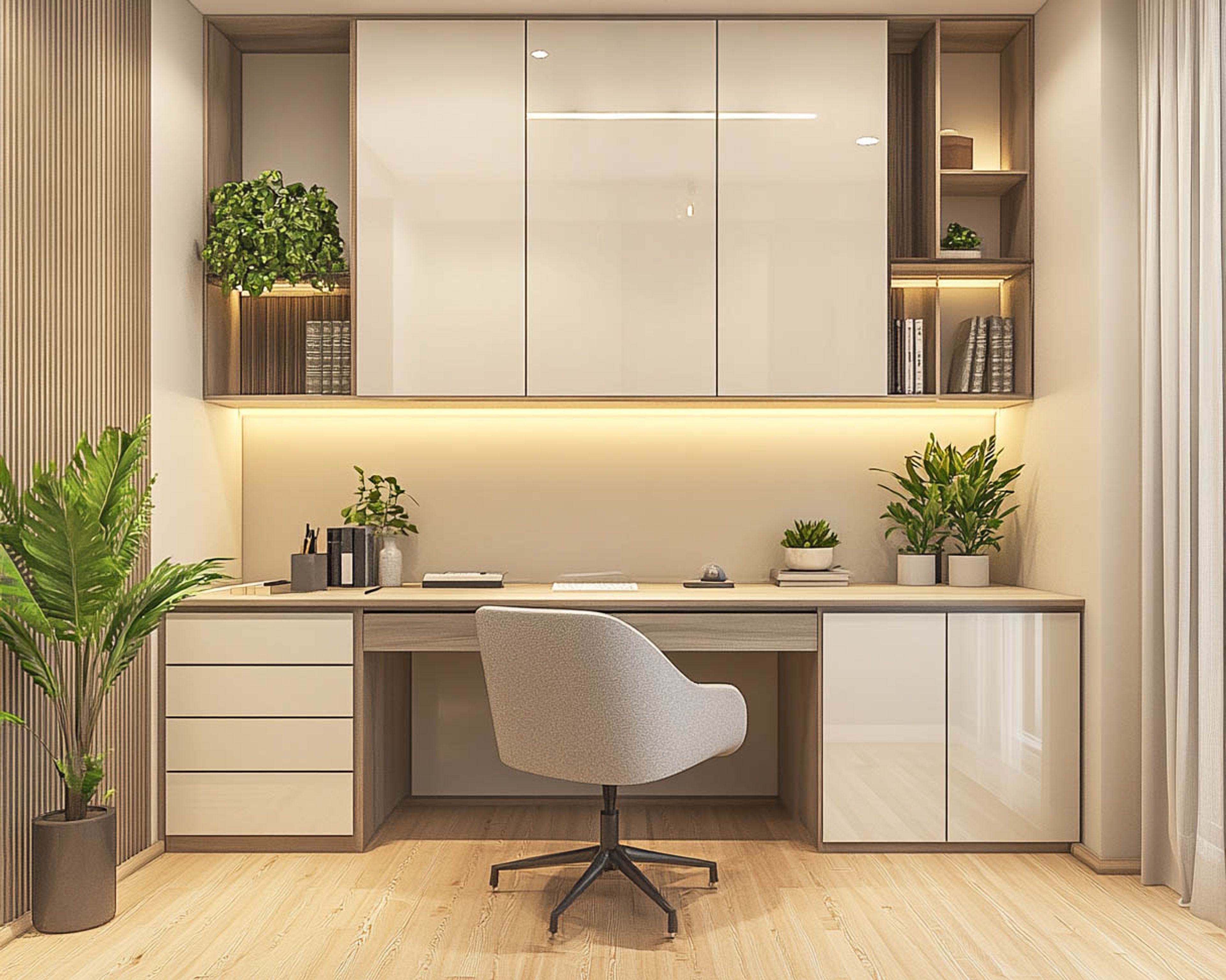 White Needle Contemporary Home Office Design With Mirrored Storage