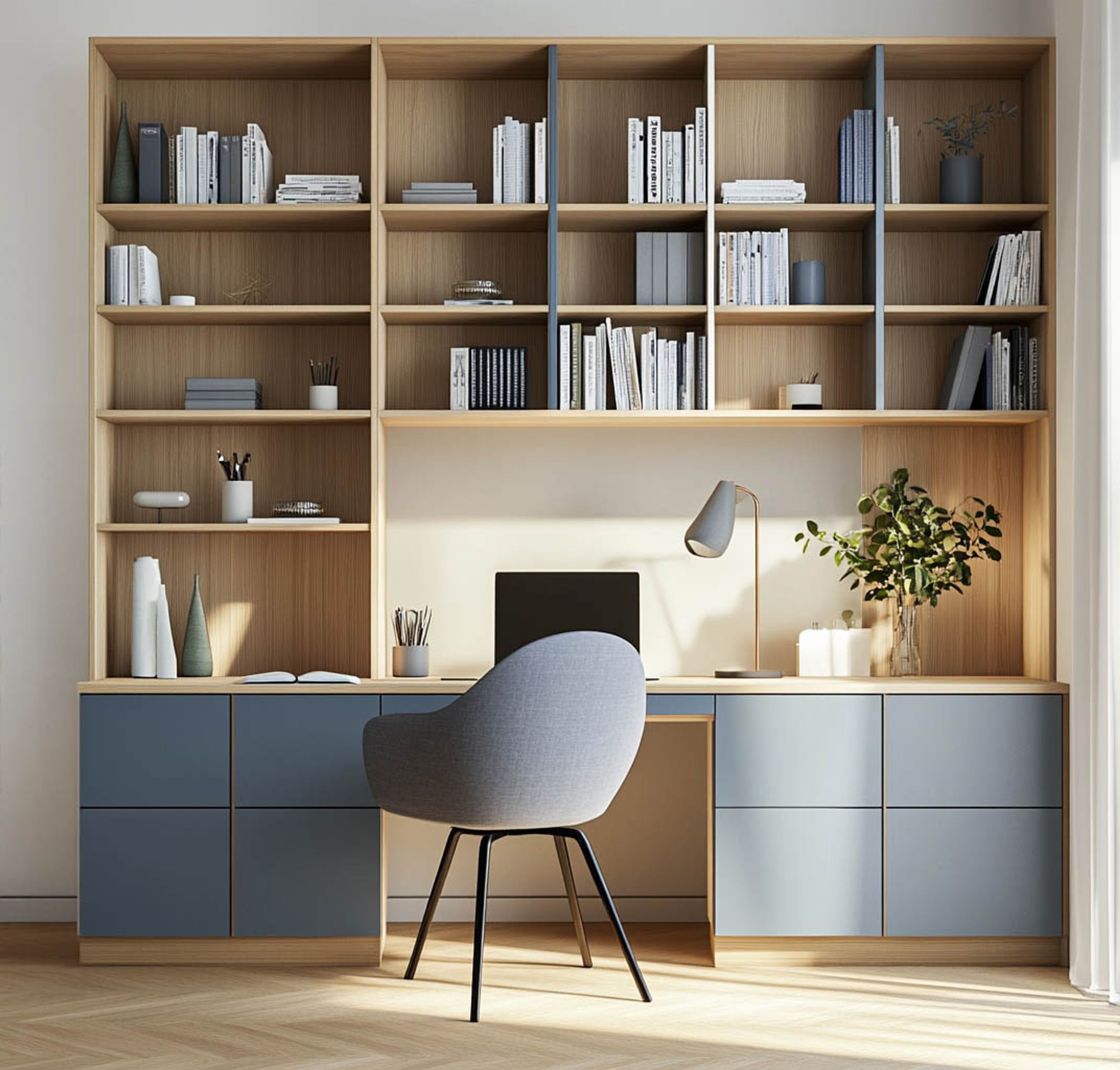 Contemporary Denim Suedette Home Office Design With Wooden Open Bookshelf