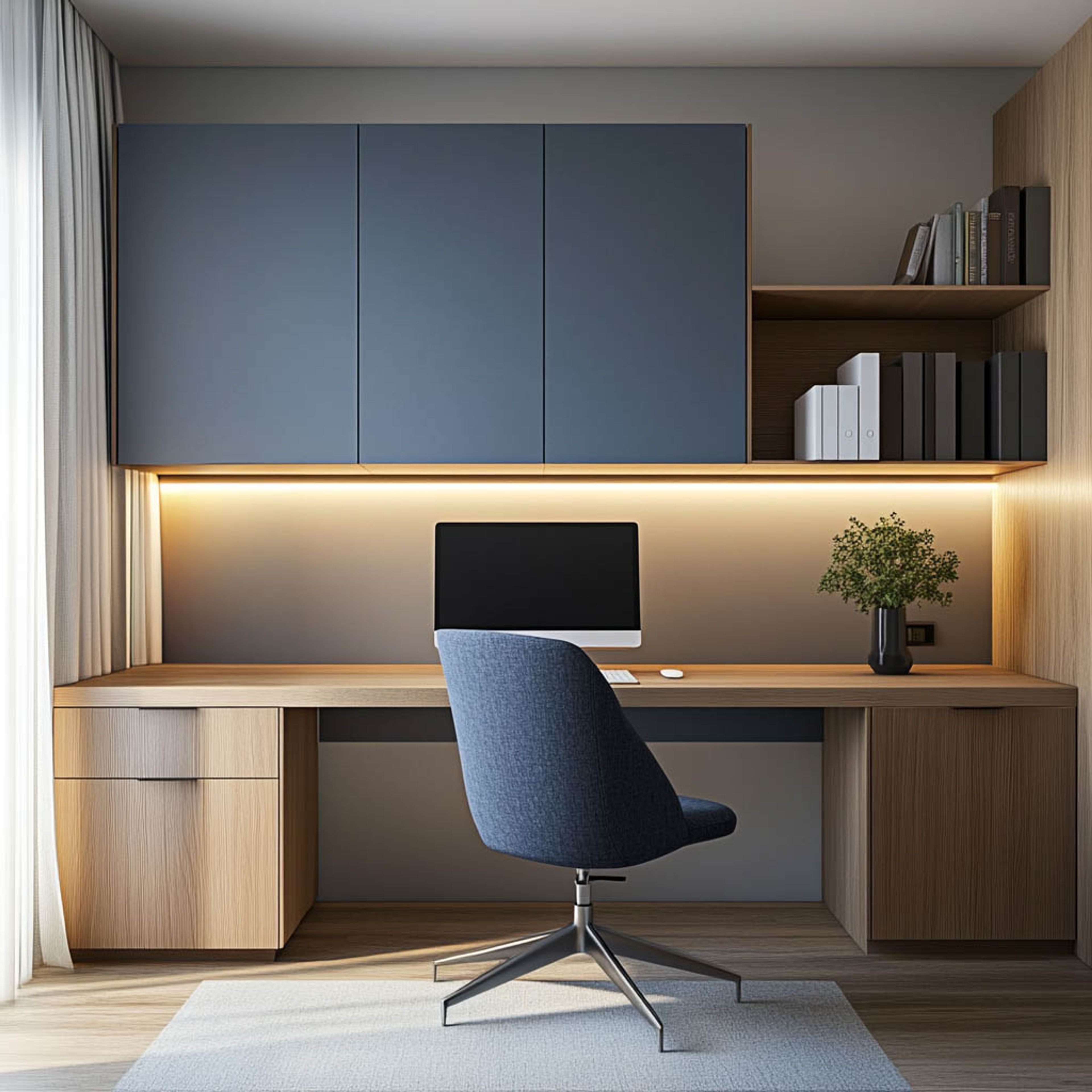 Contemporary Wood and Blue Home Office Design With Ambient Shelving