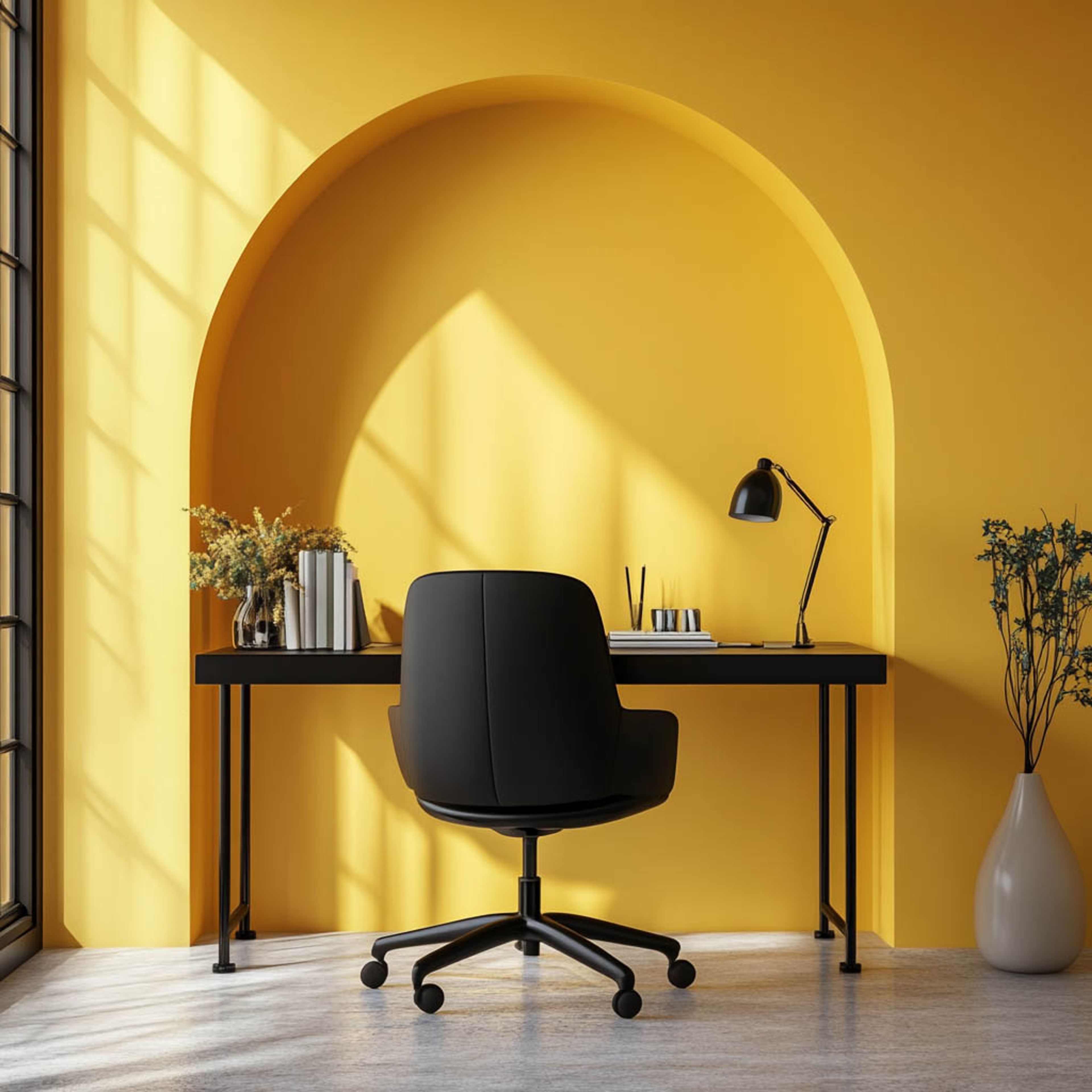 Modern Home Office Design With Yellow Backdrop and Black Desk