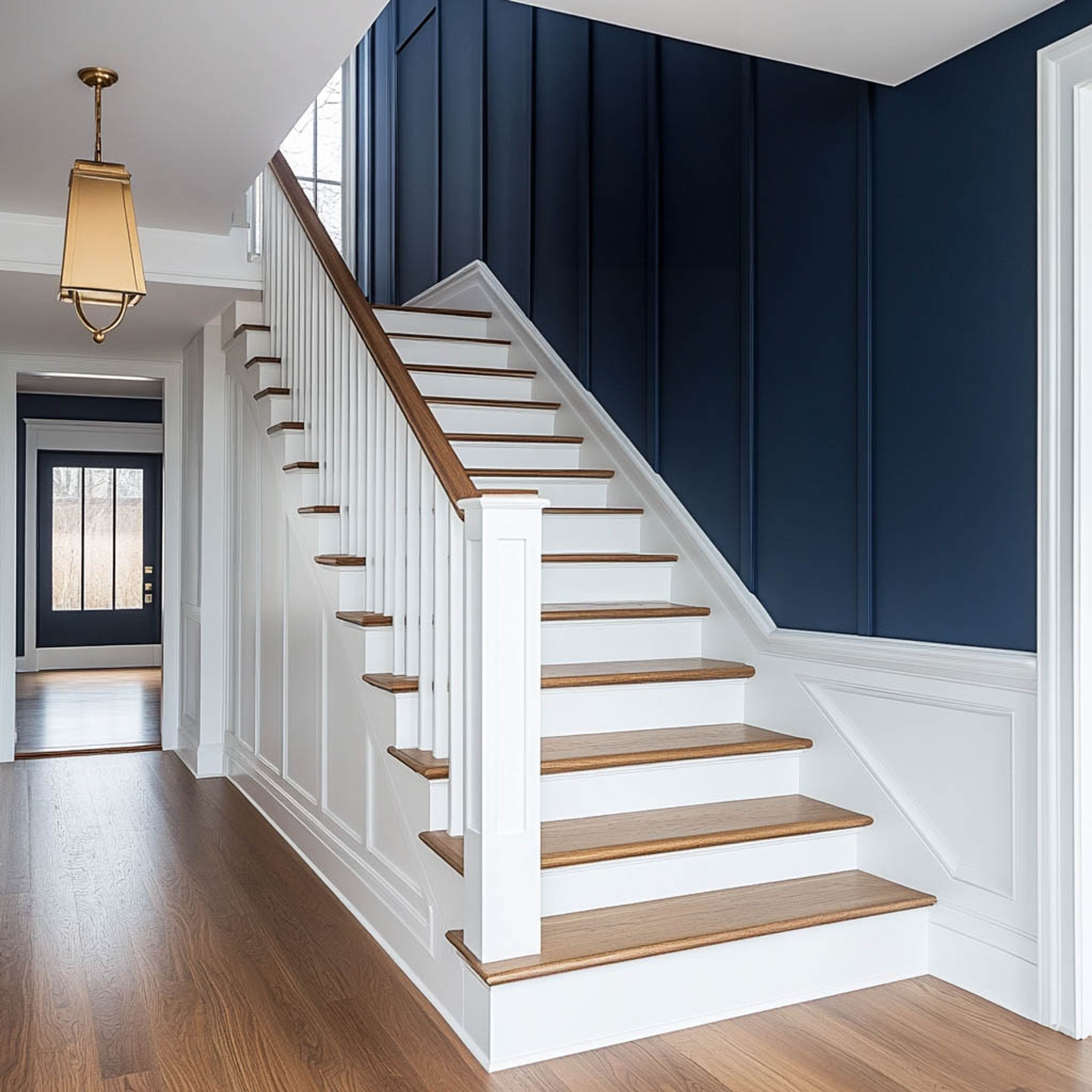Transitional Staircase Design With Natural Wood and White Contrast