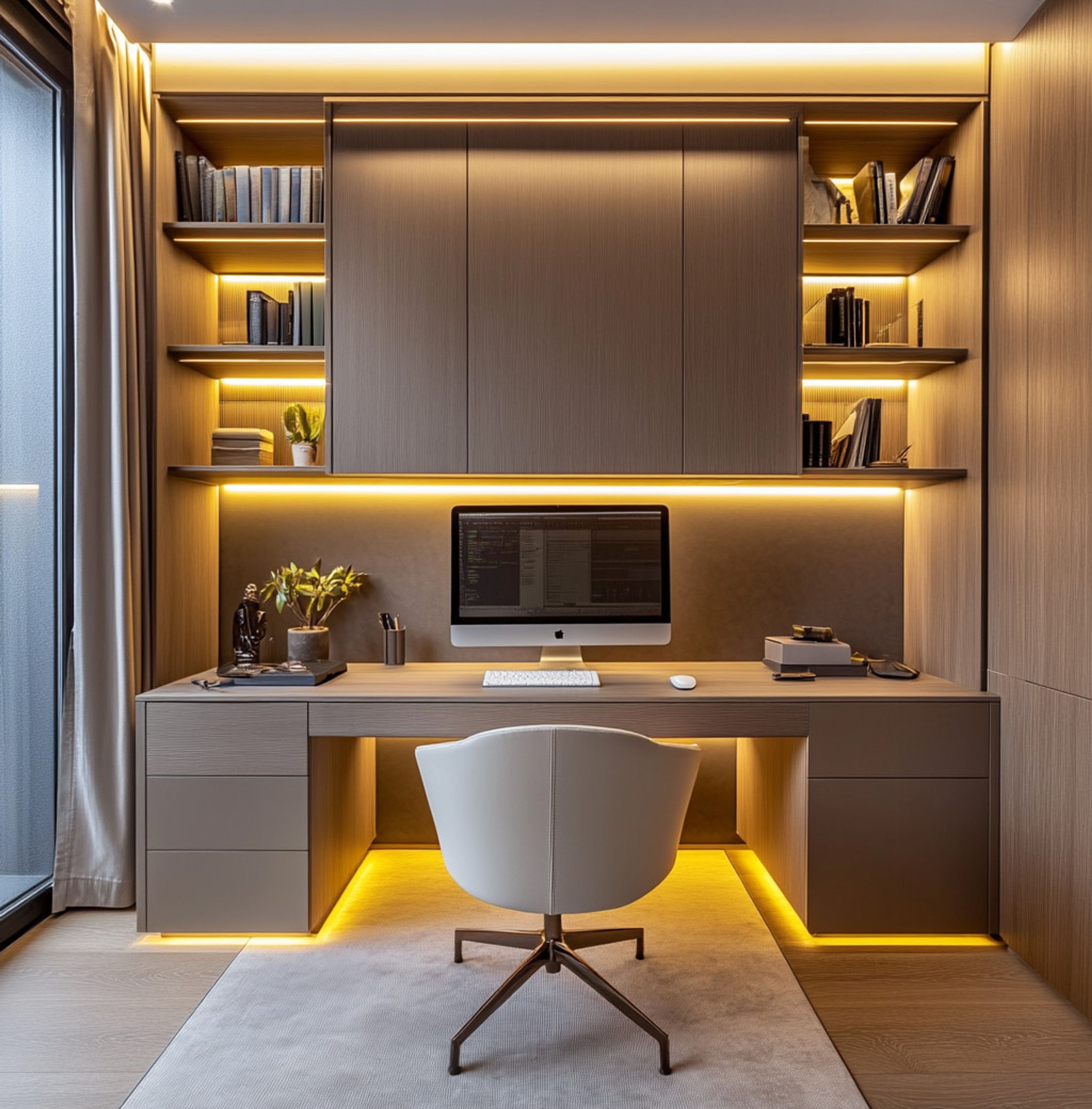 Modern Home Office Design with Ergonomic Desk and LED Lighting
