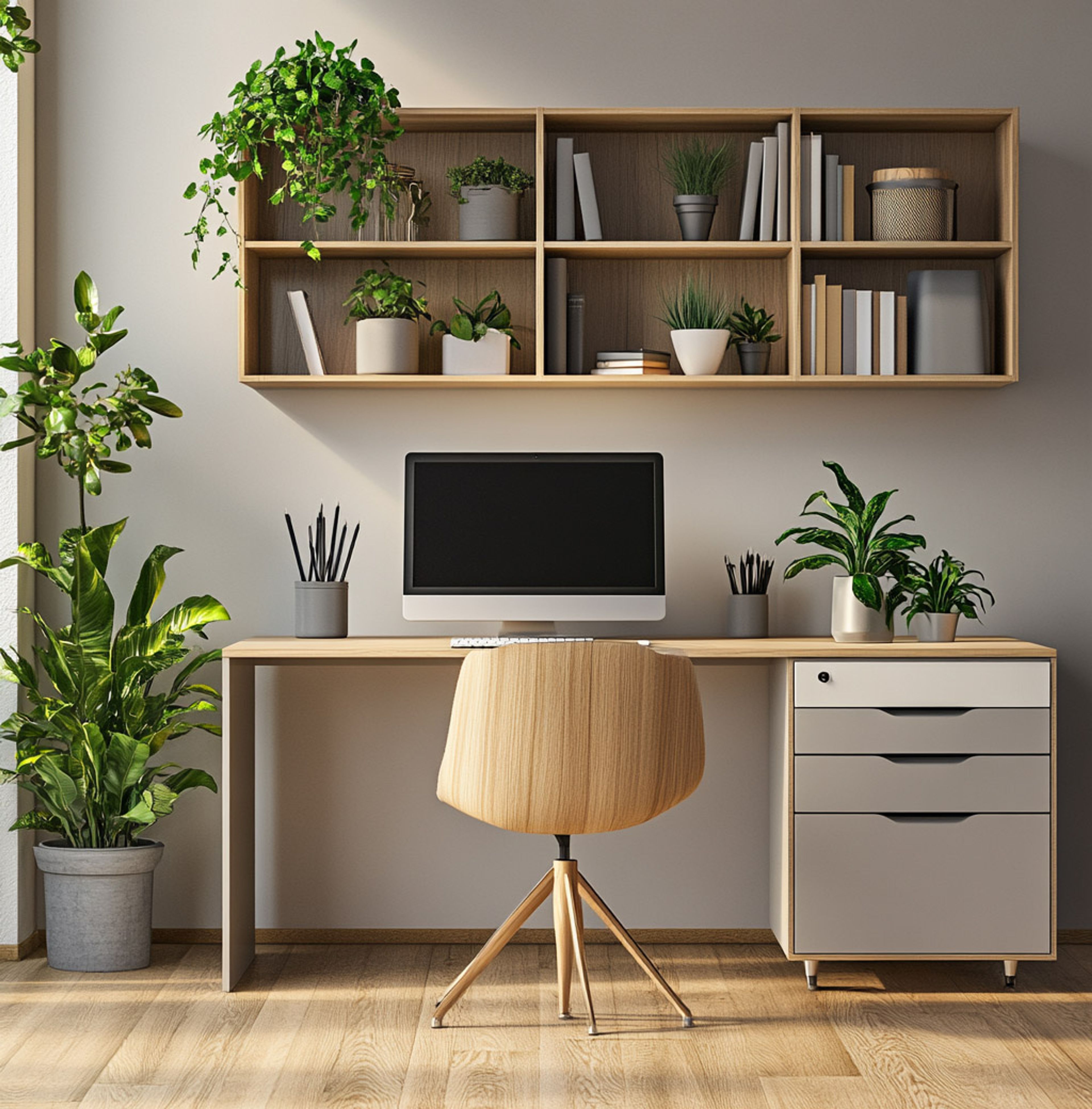 Contemporary Home Office Design with Ergonomic Desk and Shelving