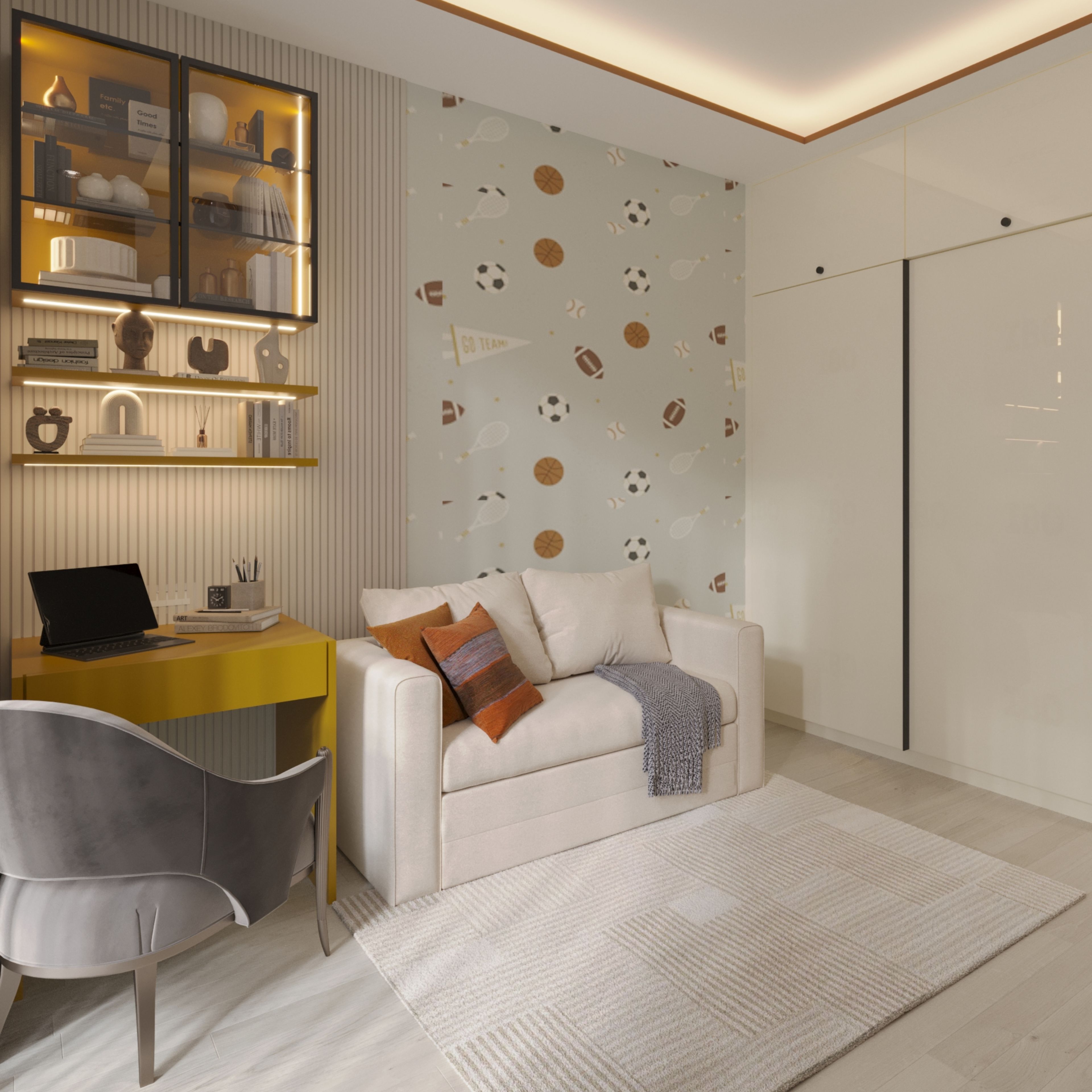 Contemporary Sports-Themed Kids Room Wallpaper Design in Blue and Beige