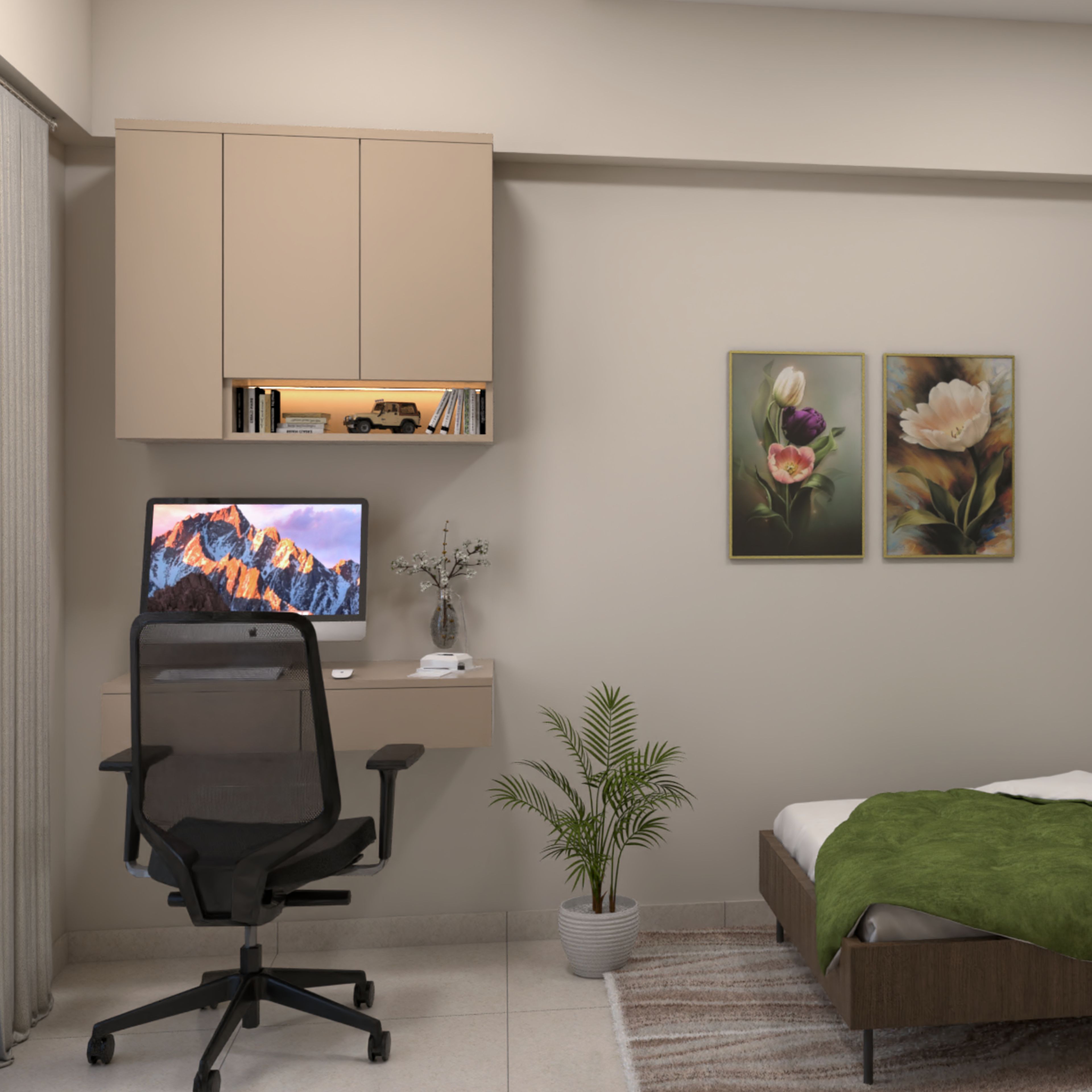 Minimal Home Office Design With Wall-Mounted Desk and Shelves