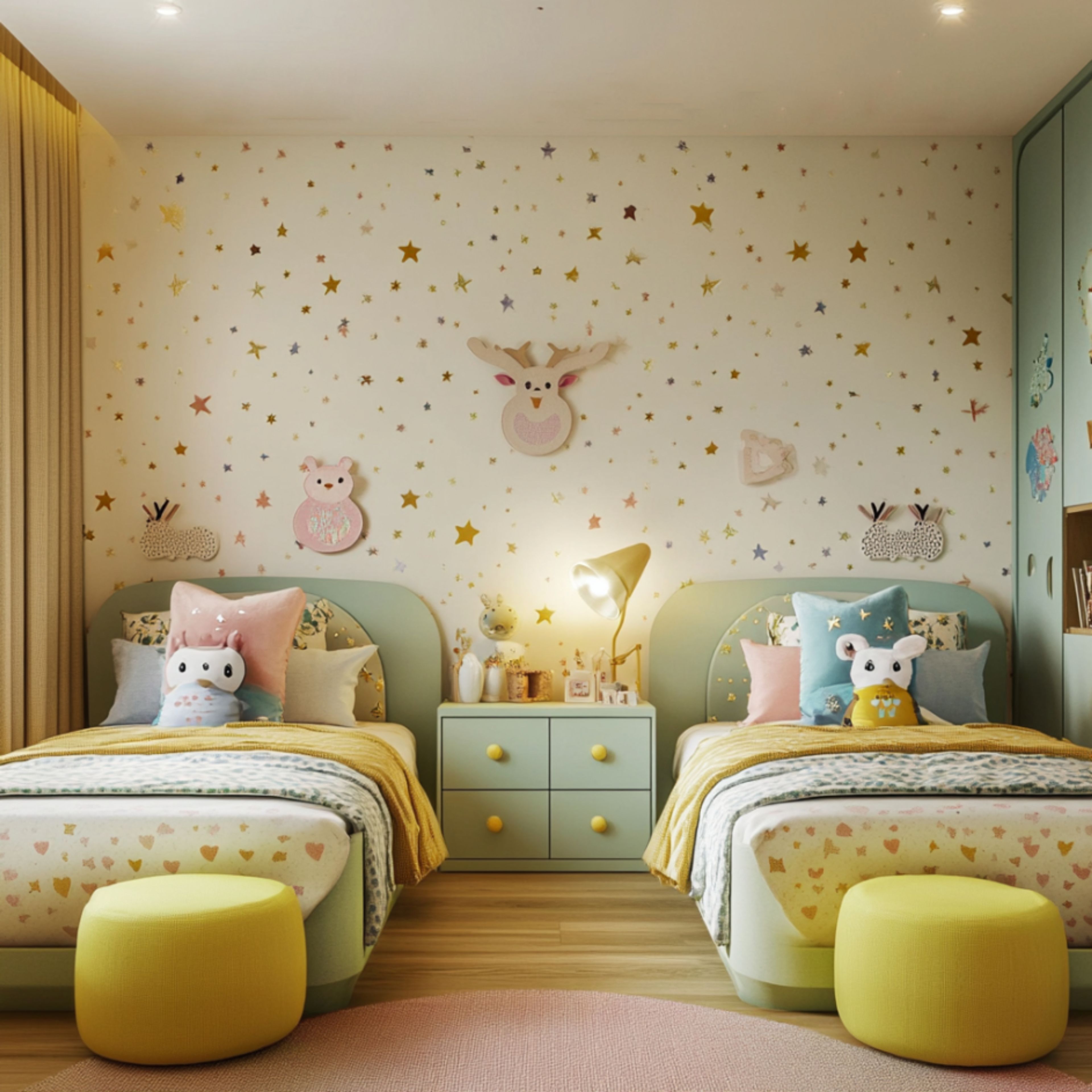 Modern Kids Bedroom Design With Twin Mint-Green Beds and Star Wallpaper