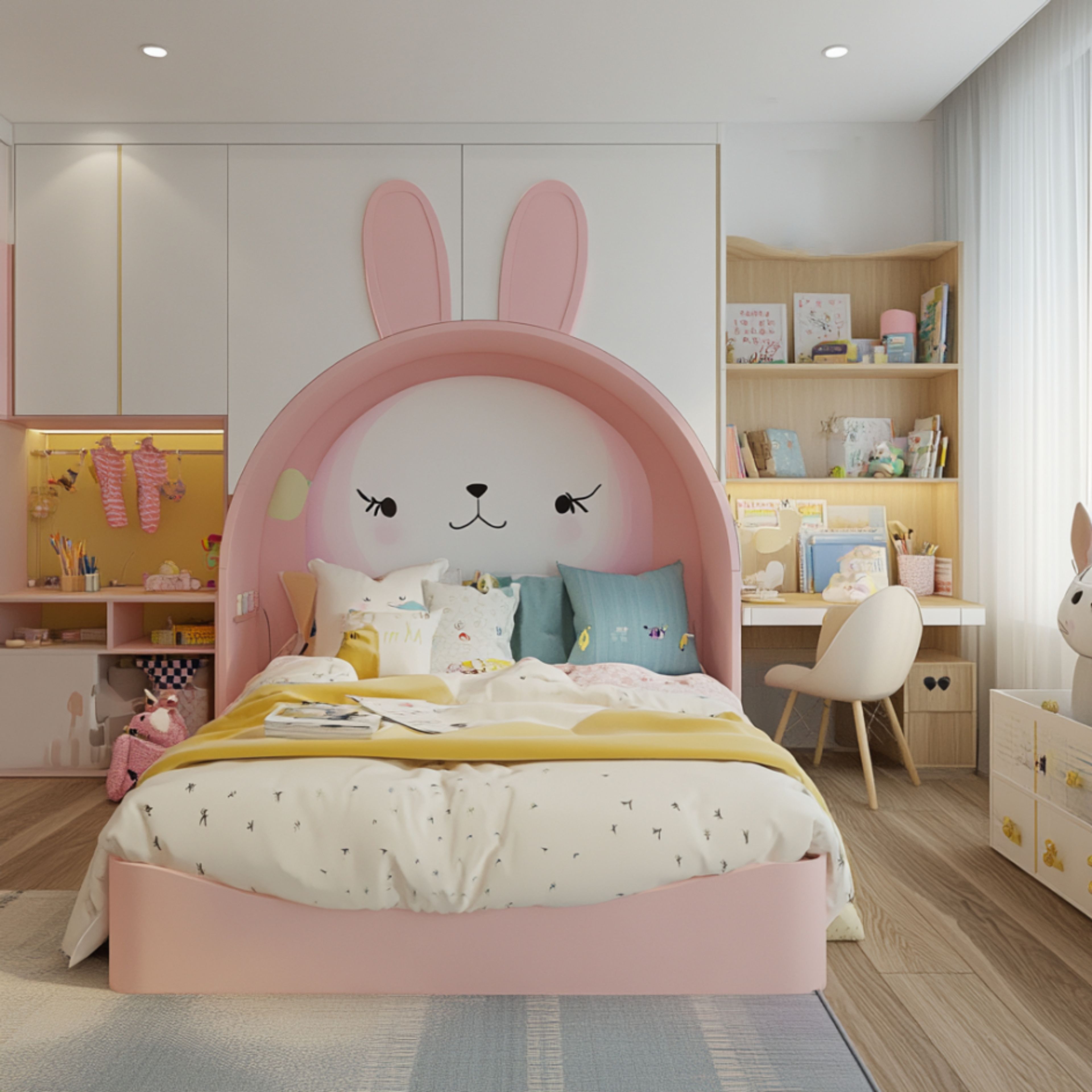 Bunny-Themed Modern Kids Bedroom Design With Arched Bed