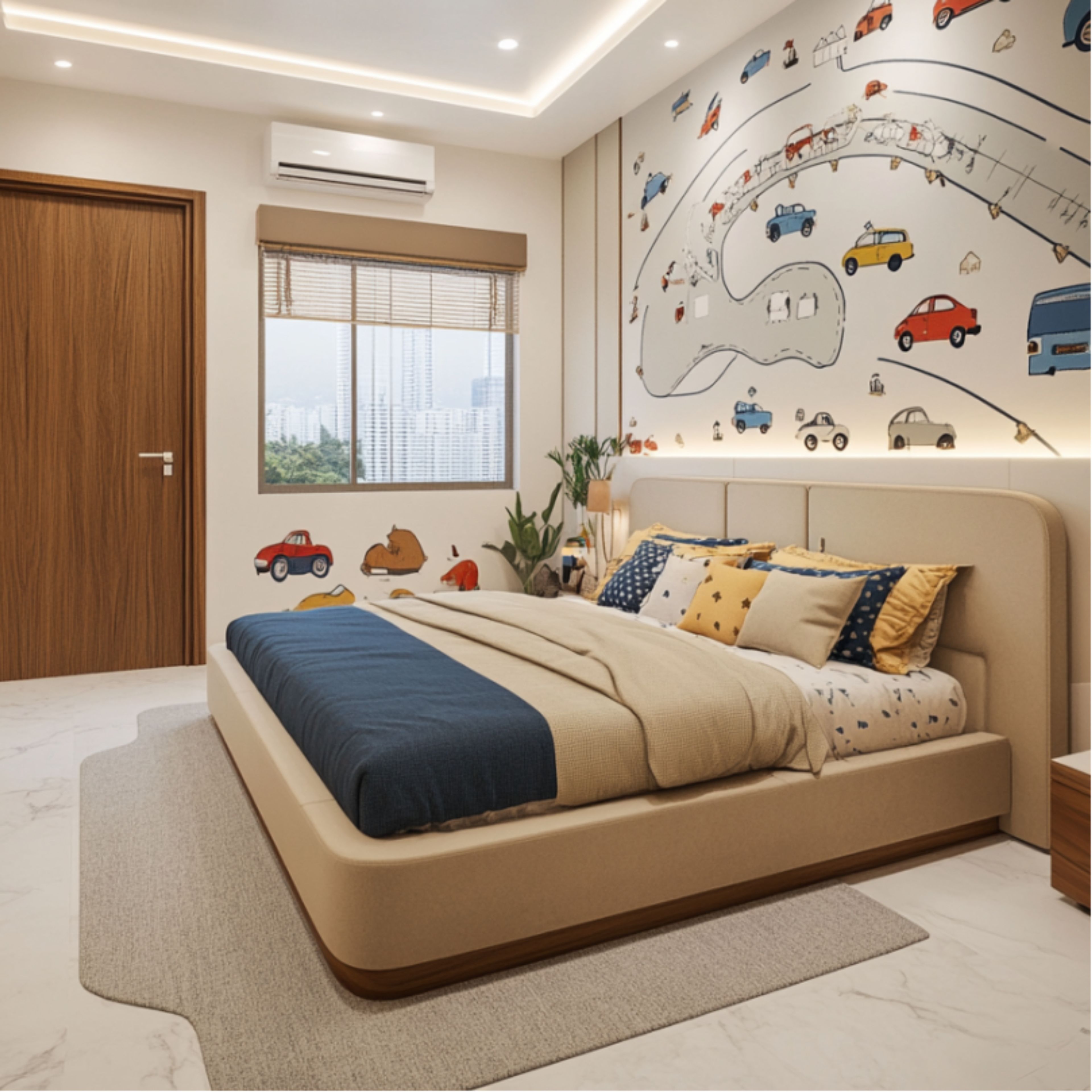 Modern Road and Vehicle Mural Off-White Light Beige Wallpaper Design